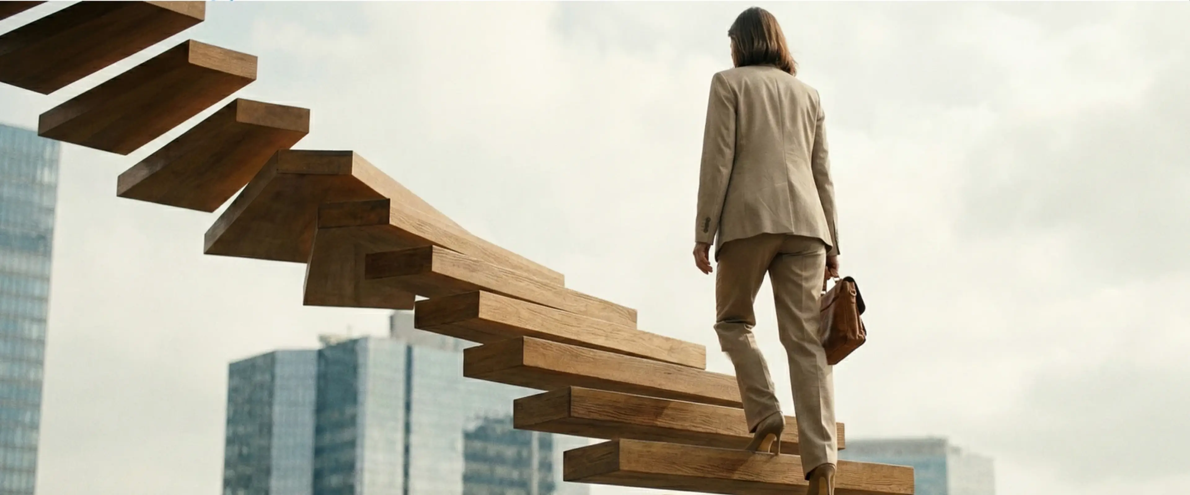 Professional woman in beige suit climbing floating wooden stairs with briefcase against modern city skyline symbolizing career growth mindset