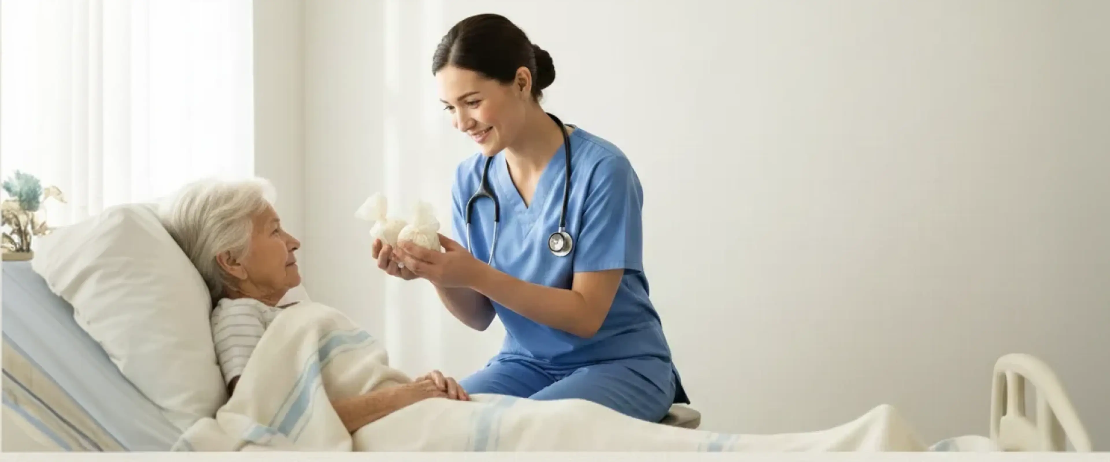 A smiling nurse in blue scrubs holding a small gift for an elderly woman lying in a hospital bed, in a bright white room, symbolizing compassionate end-of-life care