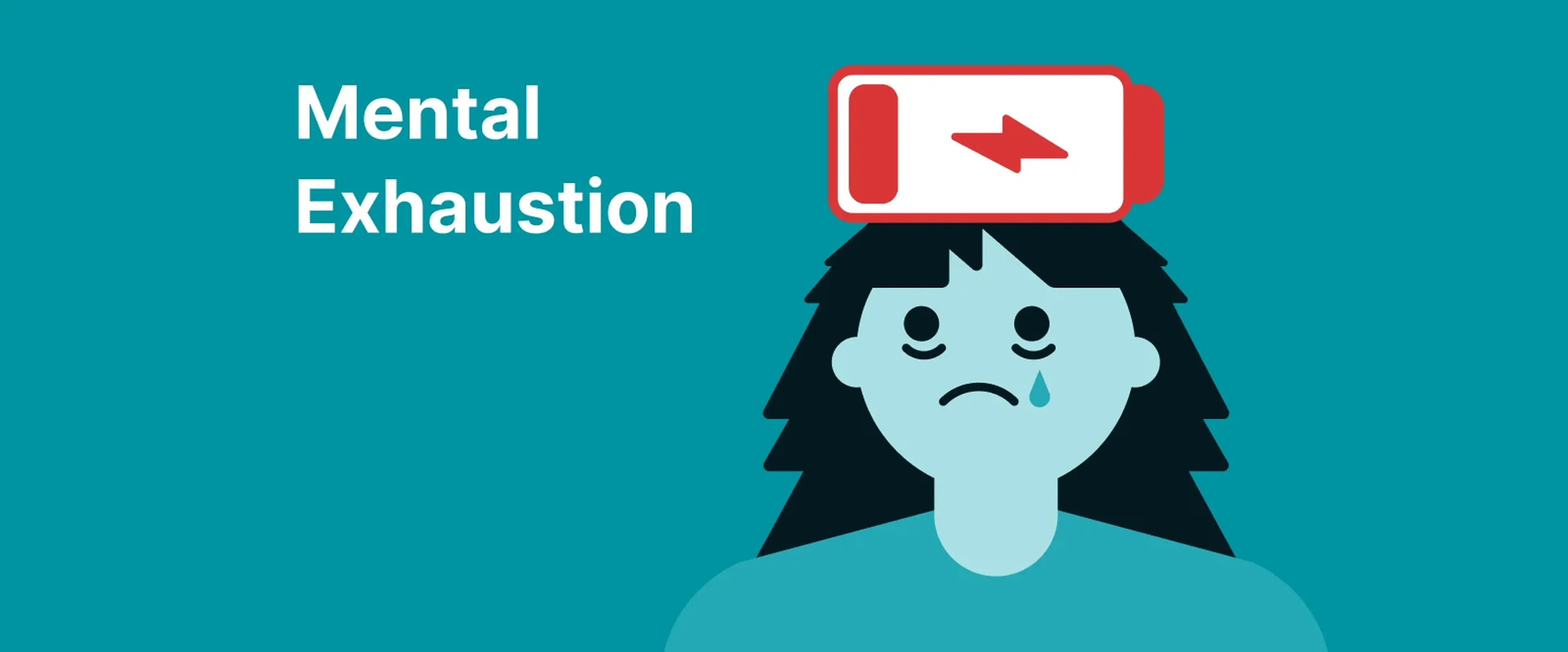 Illustrated woman with low battery indicator experiencing mental exhaustion on teal background