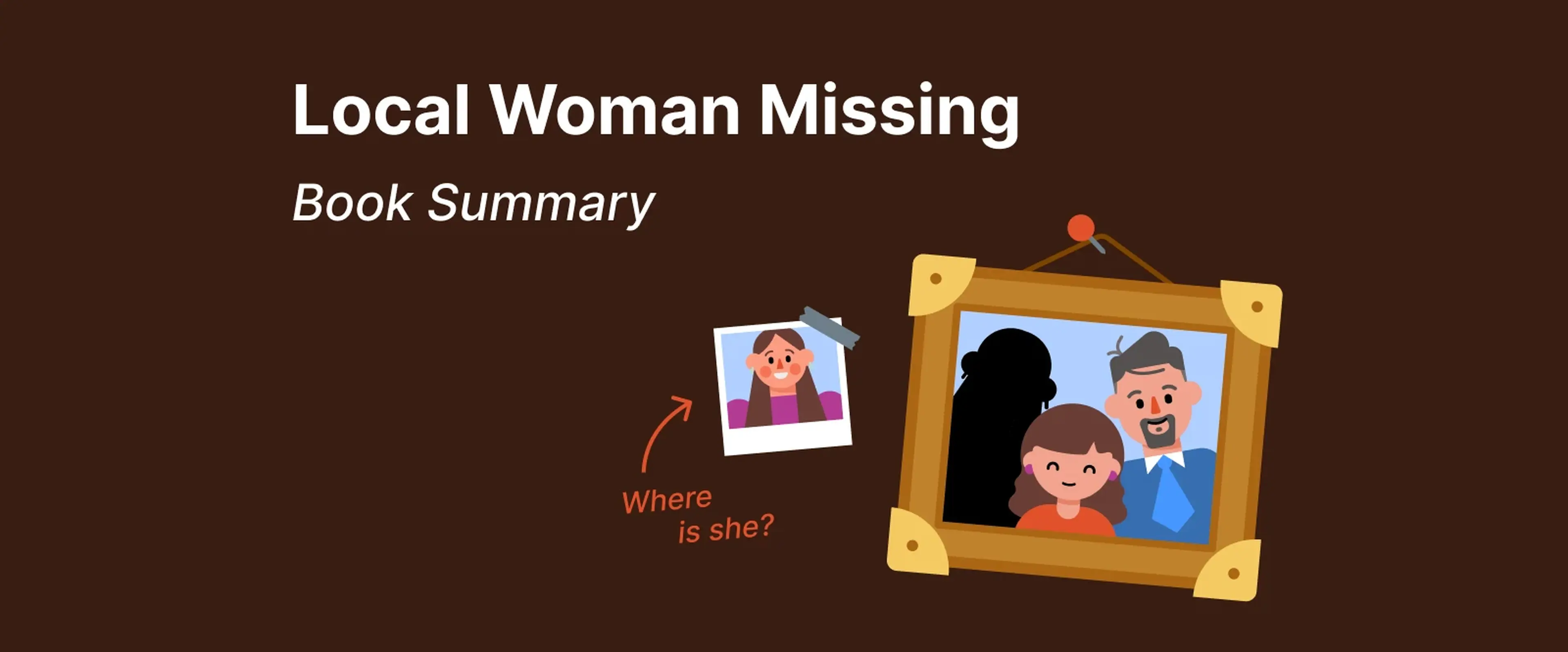 A photo frame with a missing woman’s picture, a shadowy figure in the background, and a question mark pointing to the woman’s image Below, a family photo with a man, woman, and child smiling, contrasx