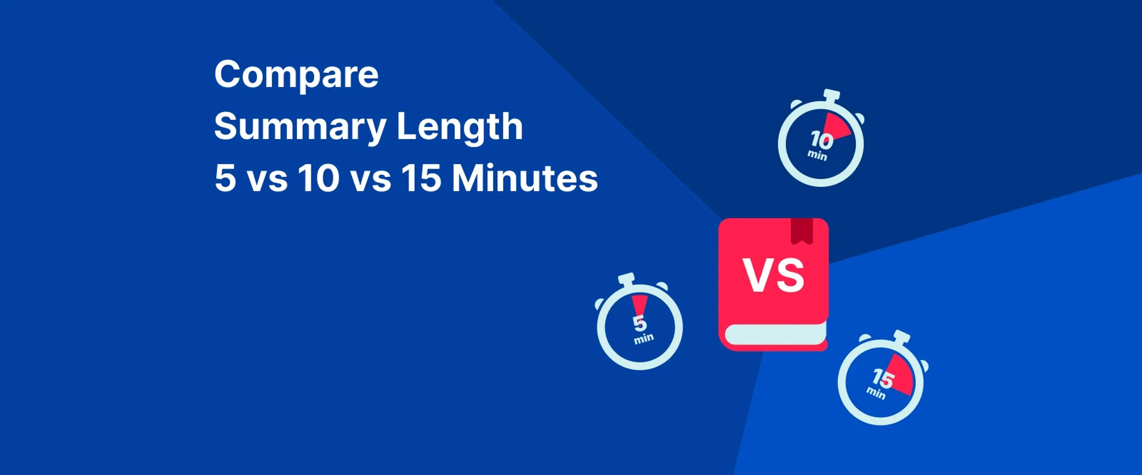 Compare summary length options with three stopwatches showing 5, 10, and 15 min summary durations and red book icon on blue background