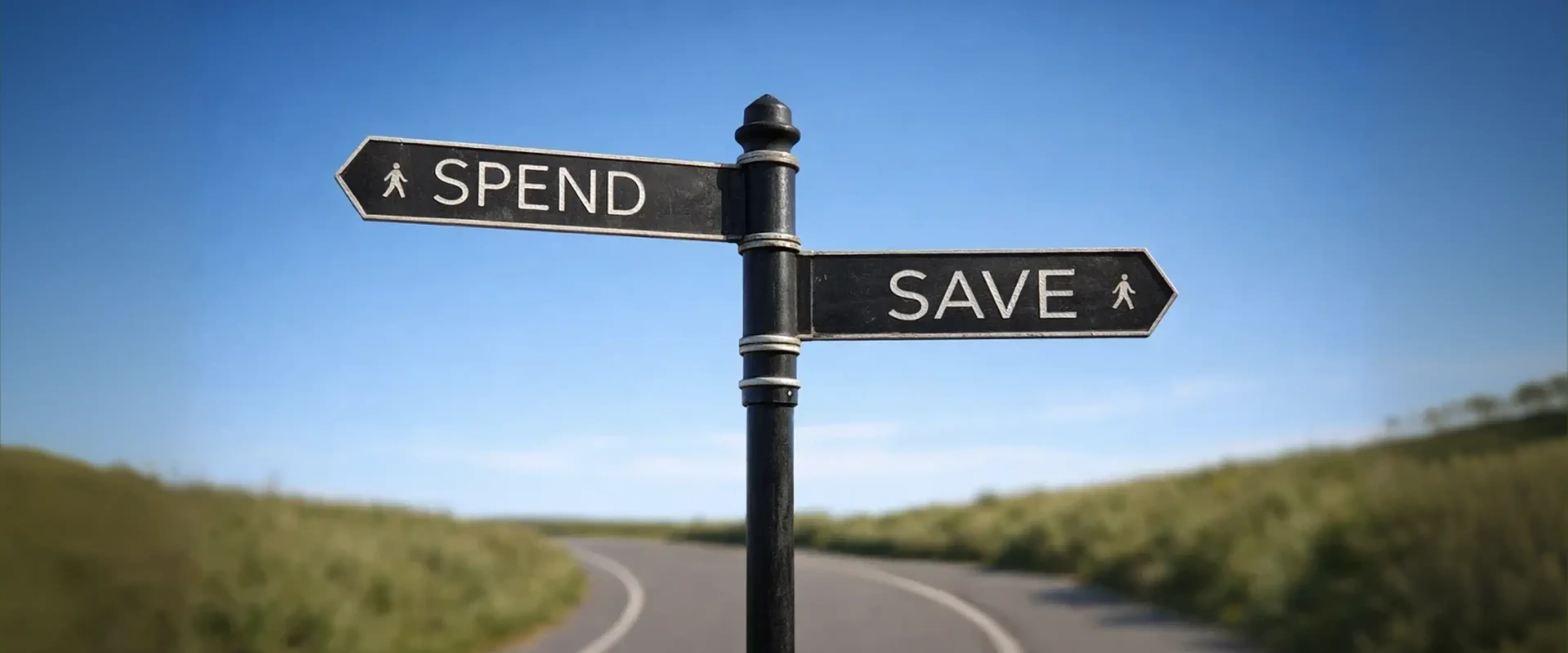 Black signpost showing spend and save arrows for no spend challenge with road and green hills under blue sky