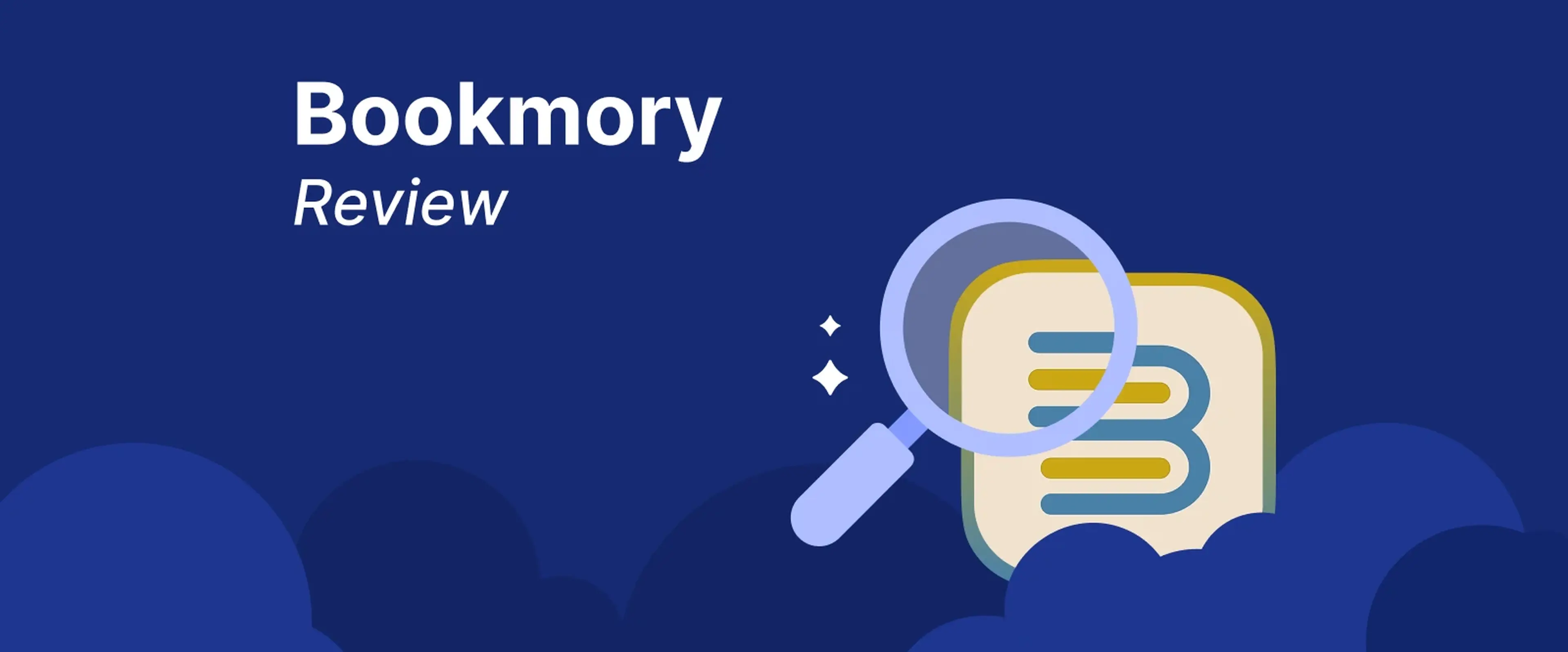 Magnifying glass over a book icon on a dark blue background introducing a Bookmory app review focused on tracking your reading habit