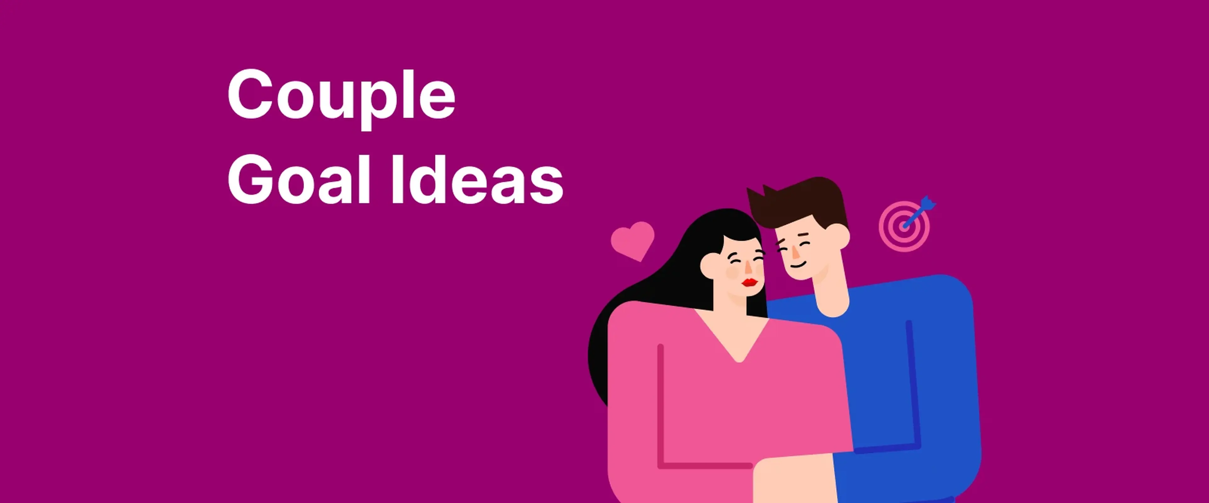 Illustrated couple embracing on purple background with hearts and target icon representing couple goal ideas