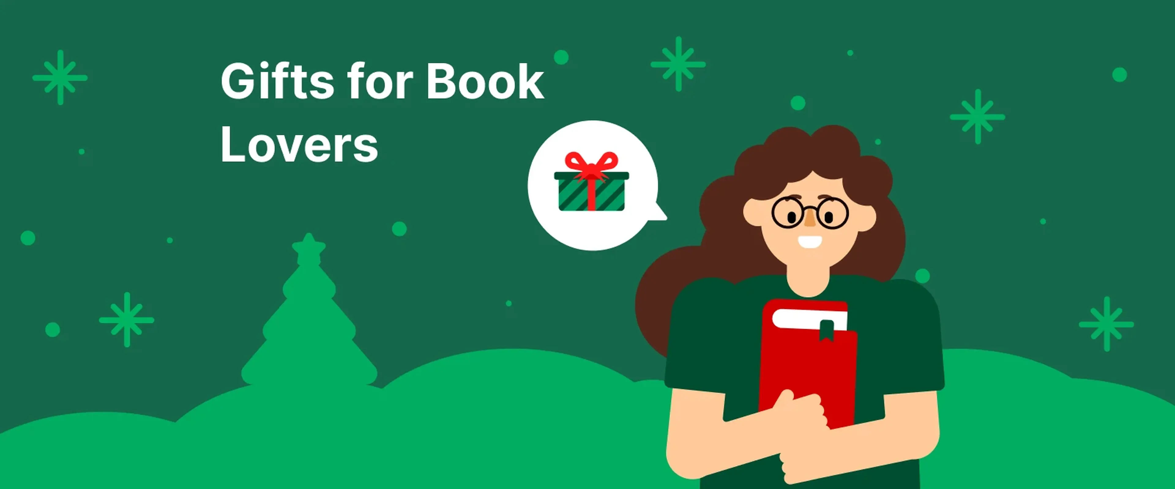 Cartoonish woman in glasses  with a book in hands illustrating gifts for book lovers