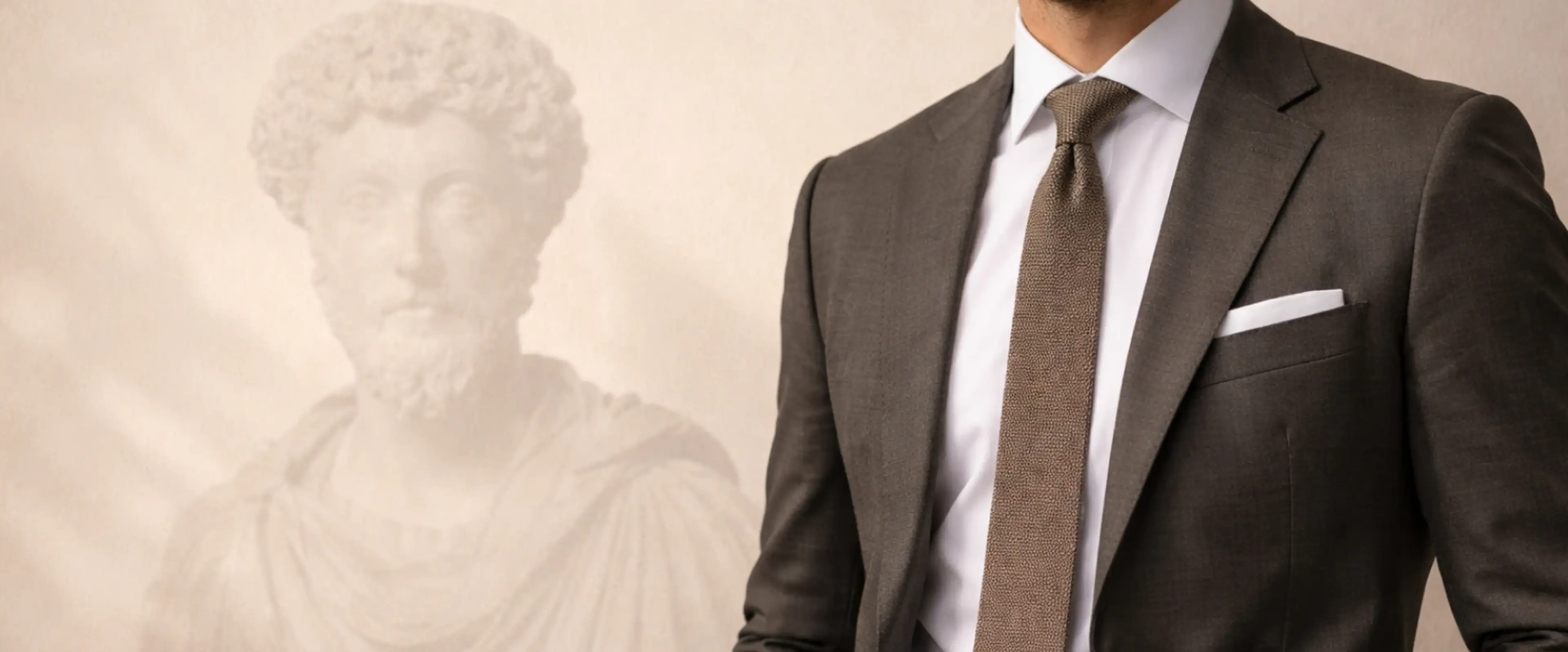 Well-dressed man in a dark suit, white shirt, and brown tie with a watch, standing confidently in front of a faded Marcus Aurelius marble bust on a beige wall