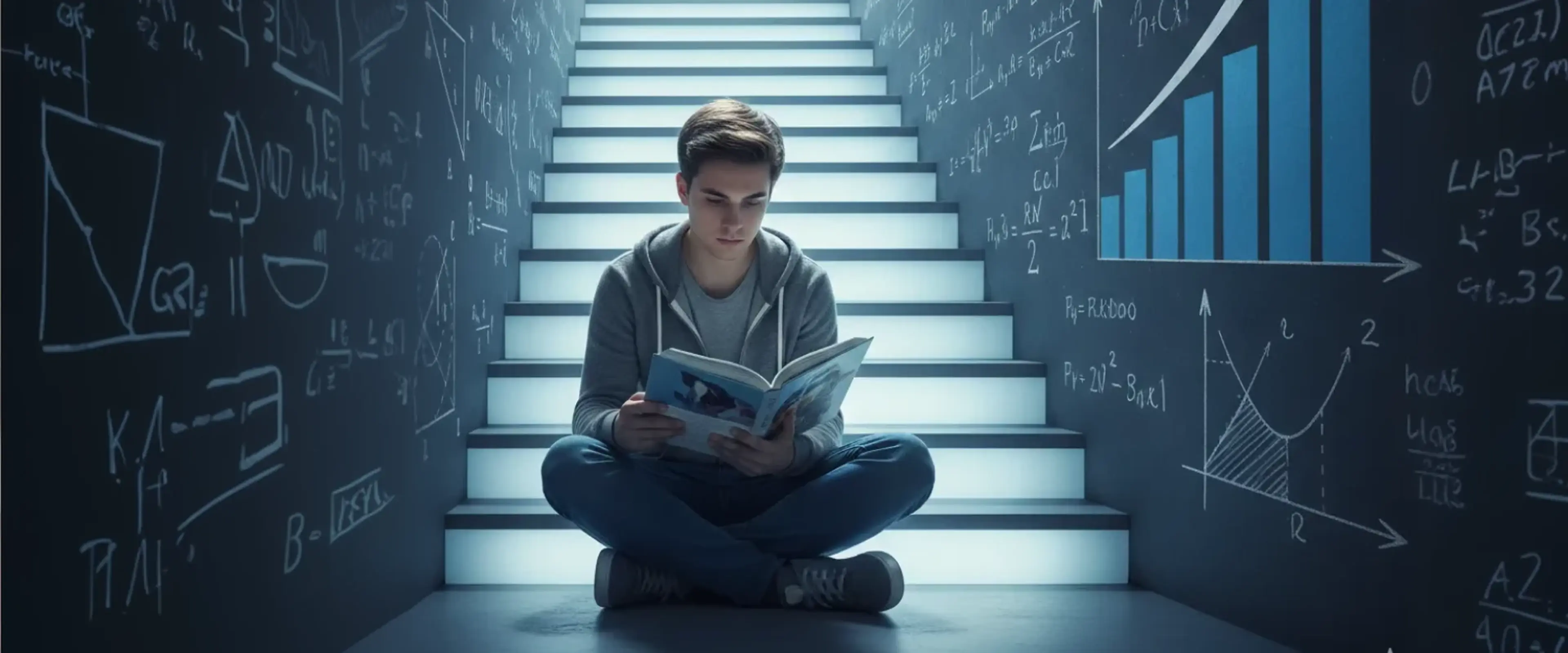 Young man reading a book at the base of glowing stairs, surrounded by math formulas and a growth chart on dark walls, with a glowing light bulb above