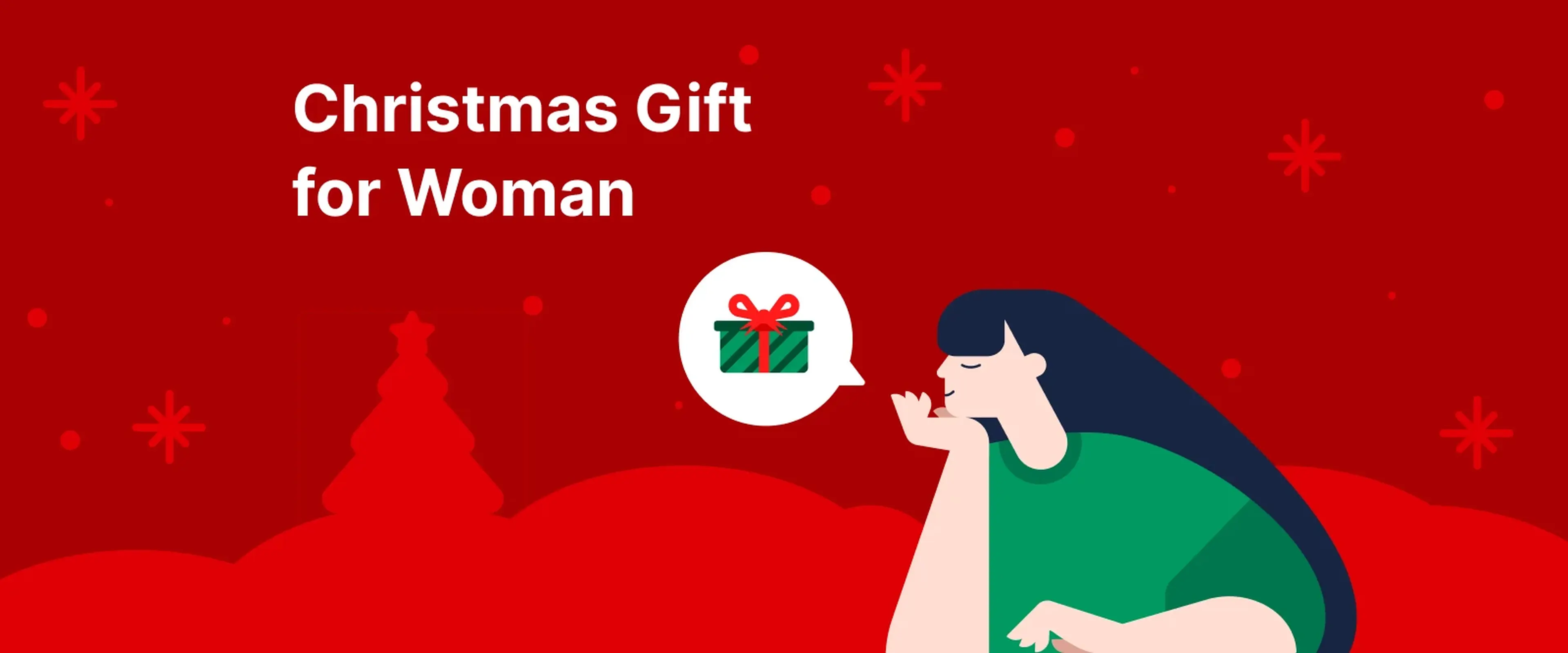Woman with dark blue hair in green dress thinking about gifts against red background with snowflakes and Christmas trees