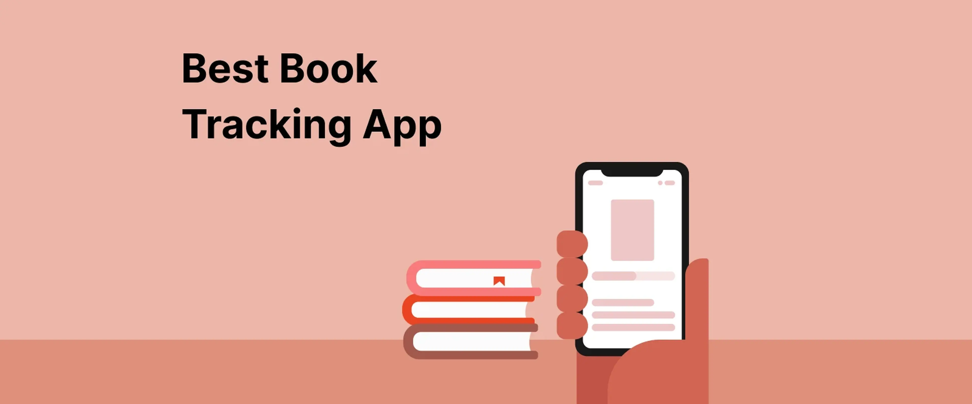 Hand holding a smartphone next to a stack of books on a pink background, illustrating a best book tracking app overview for reading enthusiasts