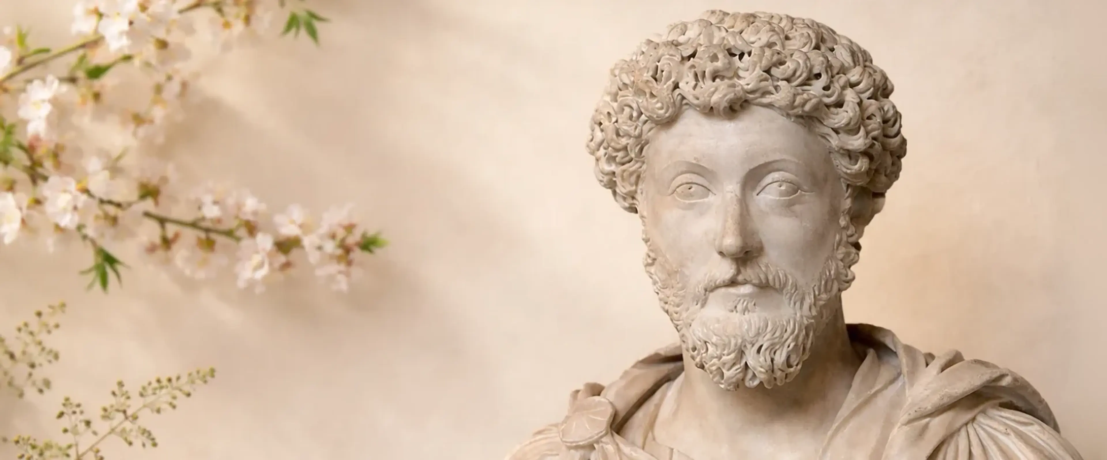 Marble bust of Marcus Aurelius with detailed curly hair and draped toga against a warm beige background, surrounded by delicate white cherry blossoms and daisy branches