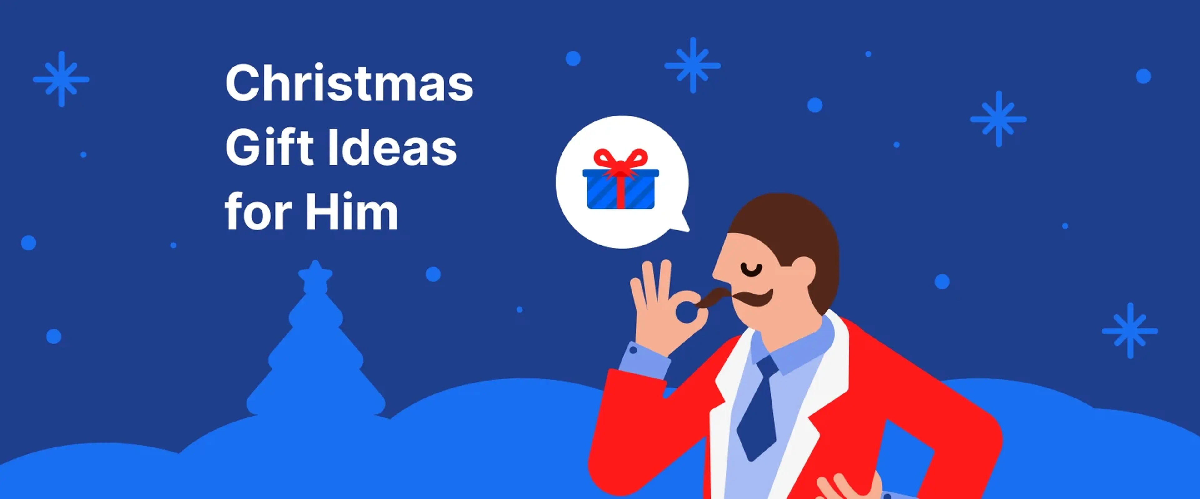 A man with a mustache in suit with snow at the background illustrating gifts for book lovers