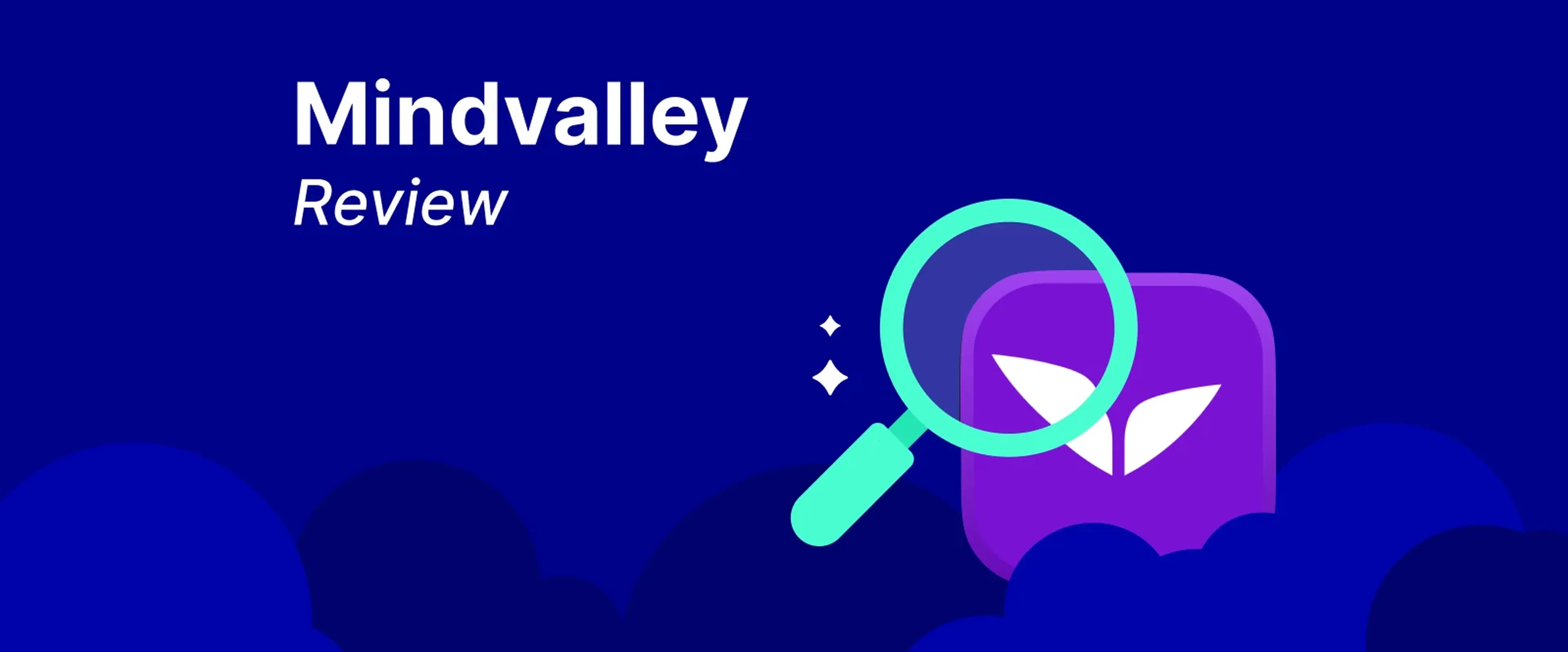 Mindvalley review banner with magnifying glass icon over purple chat bubble on deep blue background with mountain silhouettes