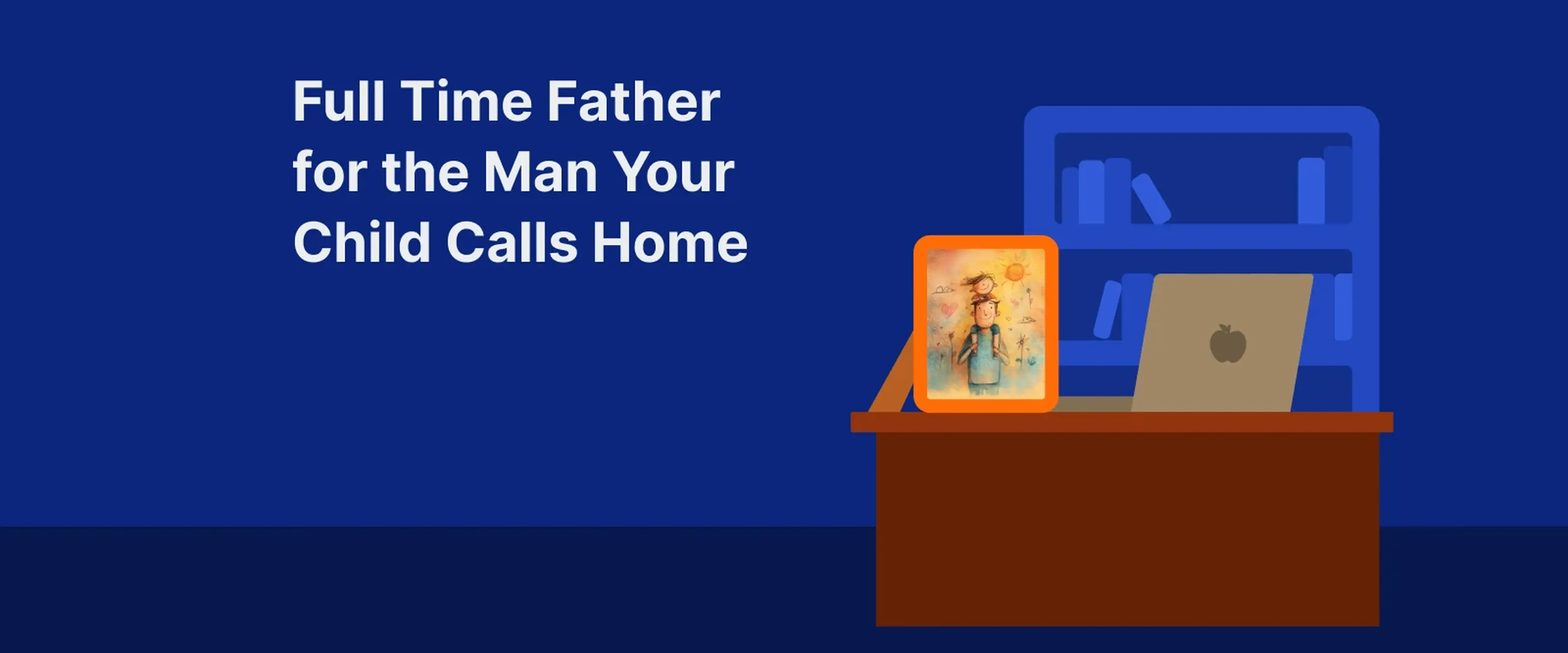 Father parenting book cover with dark blue background, brown desk with framed photo and laptop in home office setting