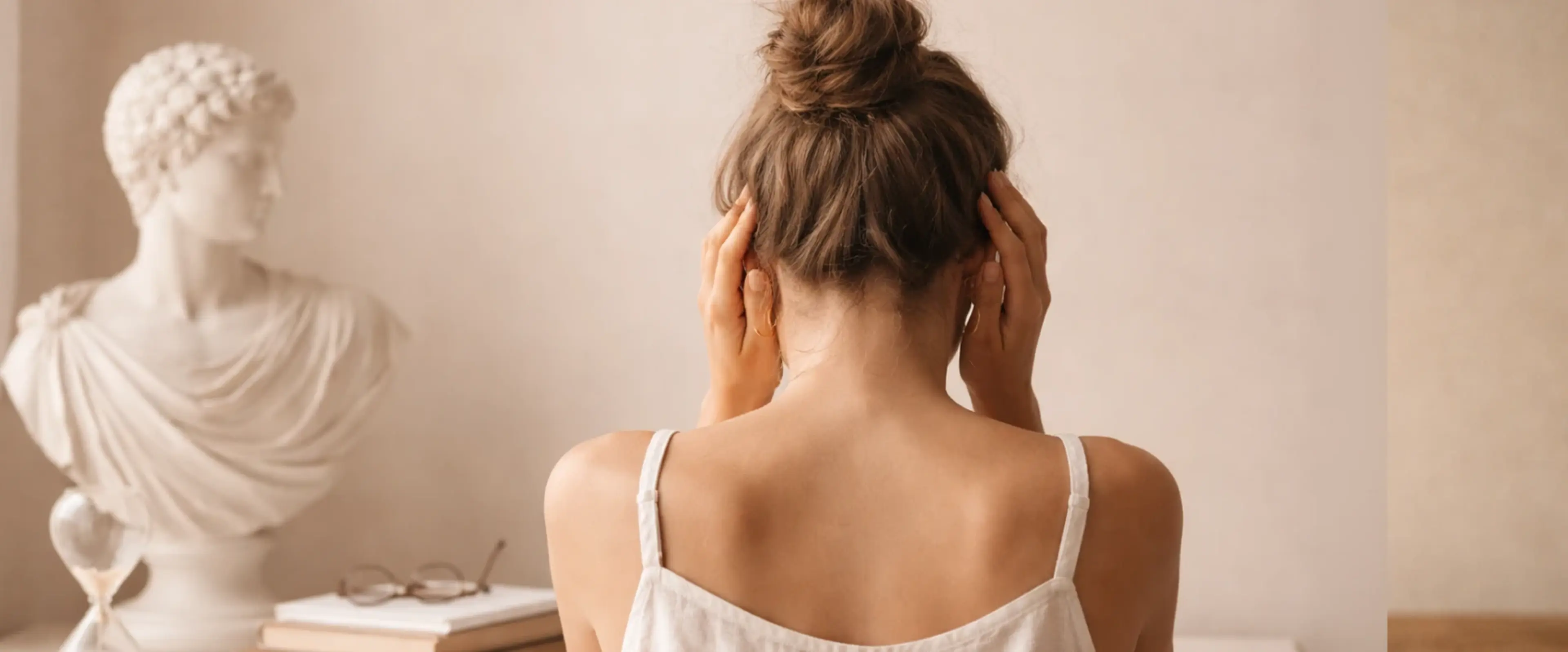 Woman seen from behind holding her head with both hands, wearing a white tank top, with a classical marble bust, stacked books, glasses, and a small hourglass on a beige shelf in the background