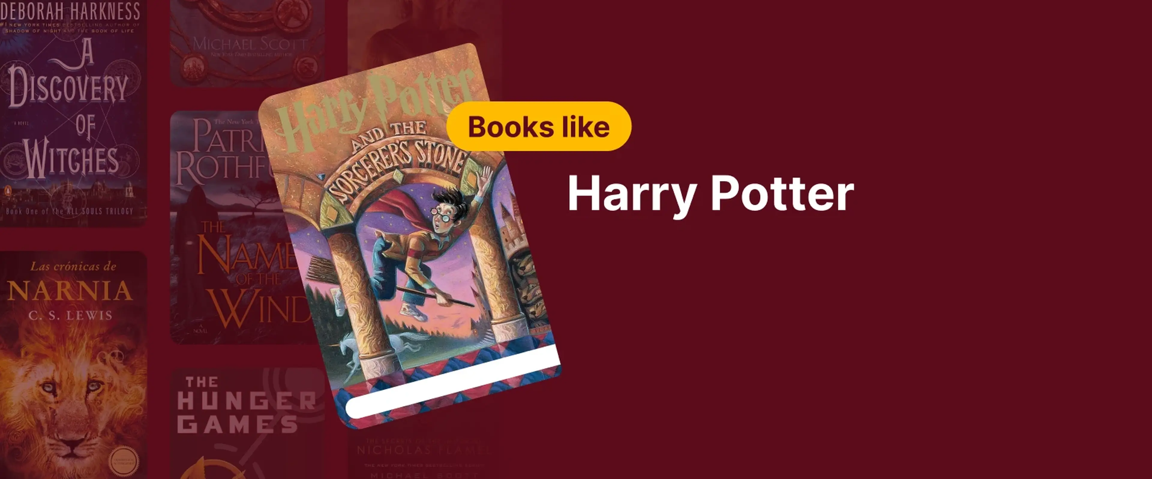 Books like Harry Potter, with fantasy titles in the background such as Narnia and The Hunger Games 1x