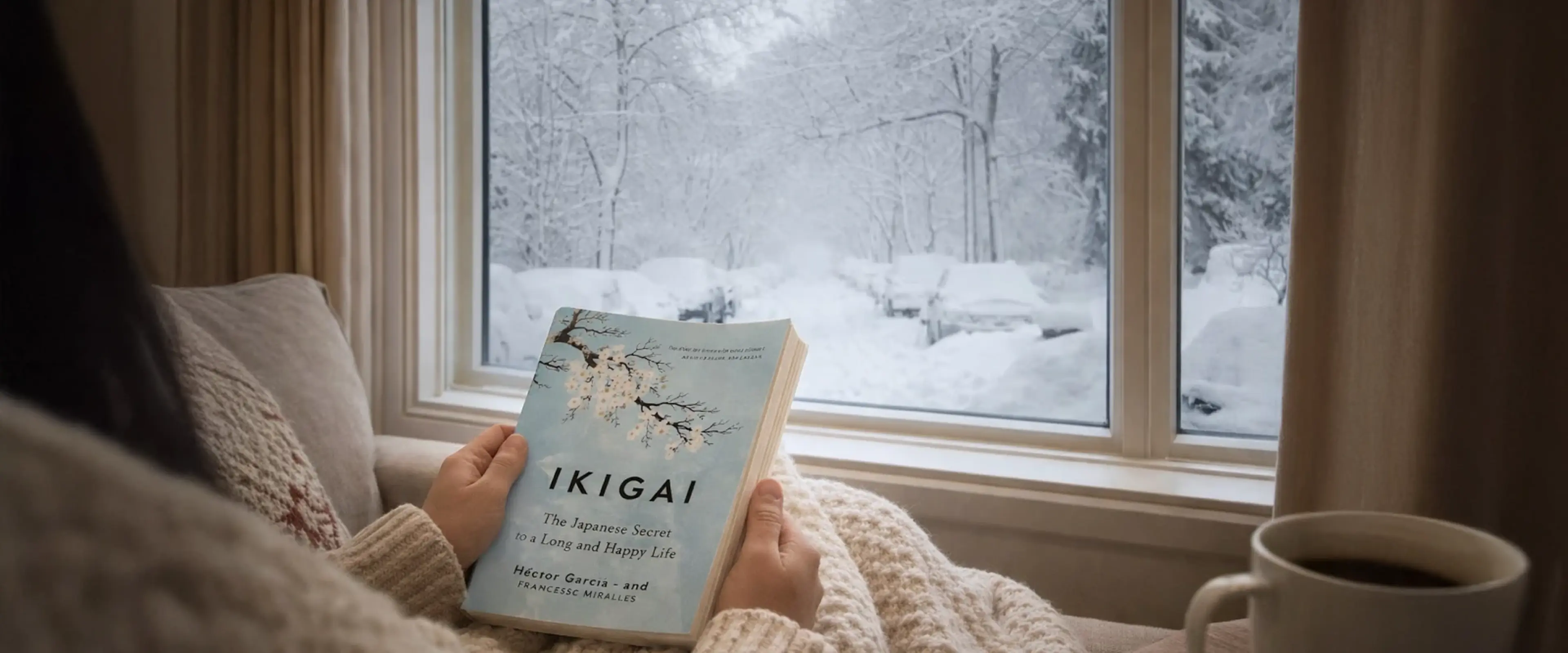 Hands holding Ikigai book by window with snow-covered trees outside, cozy setting for book summaries for a snowy weekend