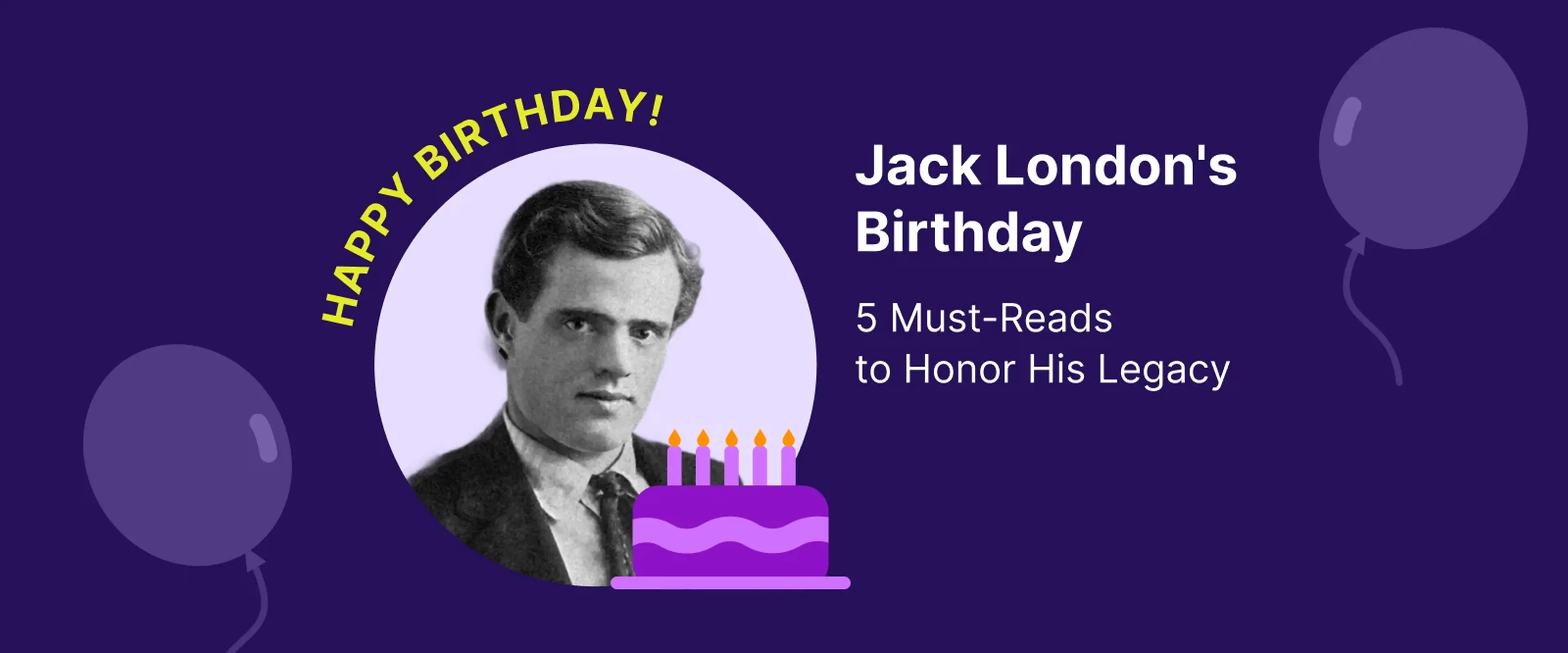 Jack London birthday celebration graphic with vintage portrait, purple cake with candles, and balloon decorations on deep purple background