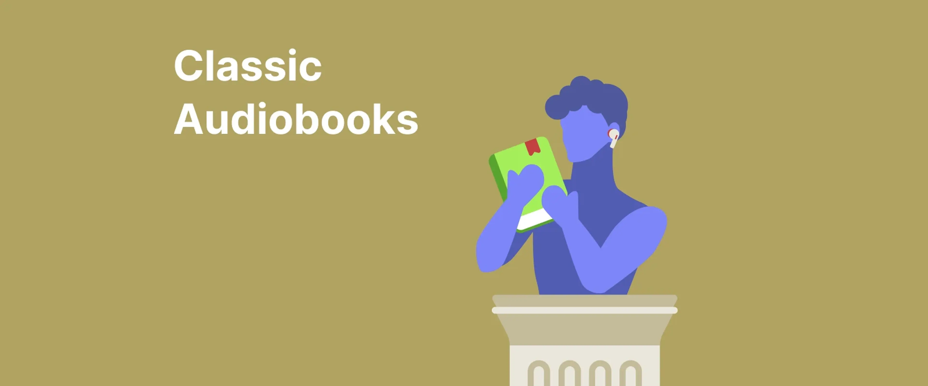 Classic audiobooks header with blue illustrated reader holding book on golden yellow background with decorative podium
