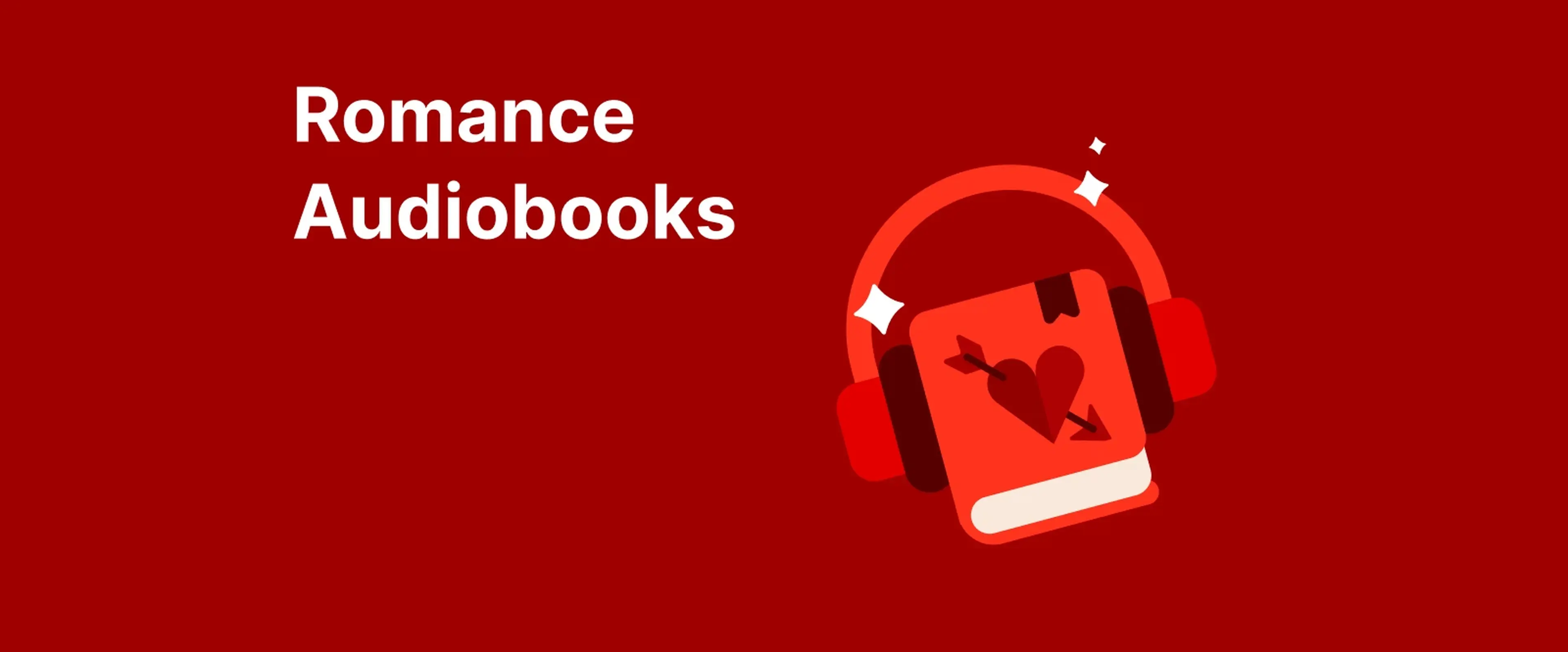 Red headphones with hearts next to Romance Audiobooks text on bright red background