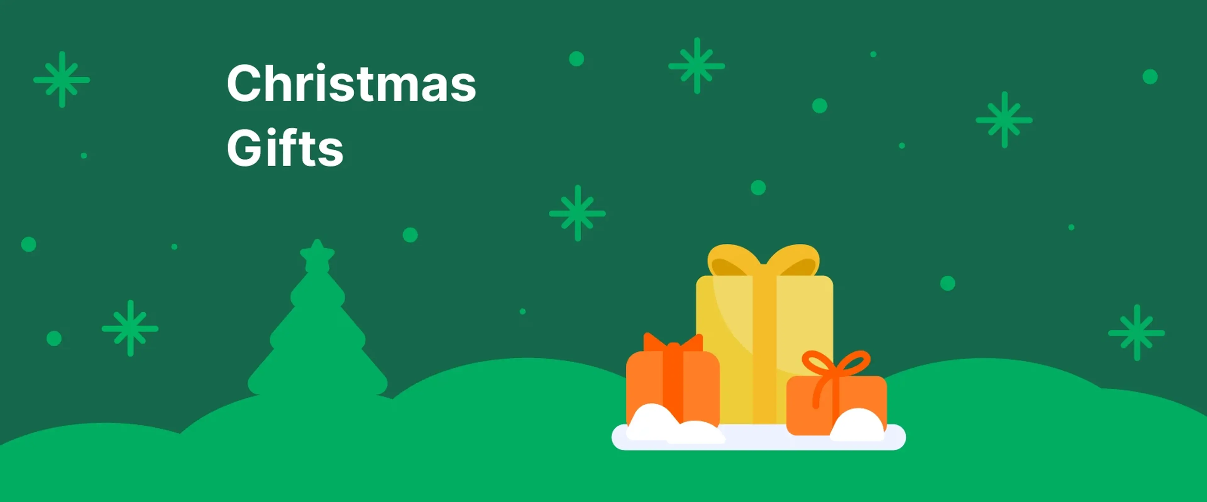 Wrapped gift boxes in yellow, orange and red on white clouds, Christmas gifts against green background with trees