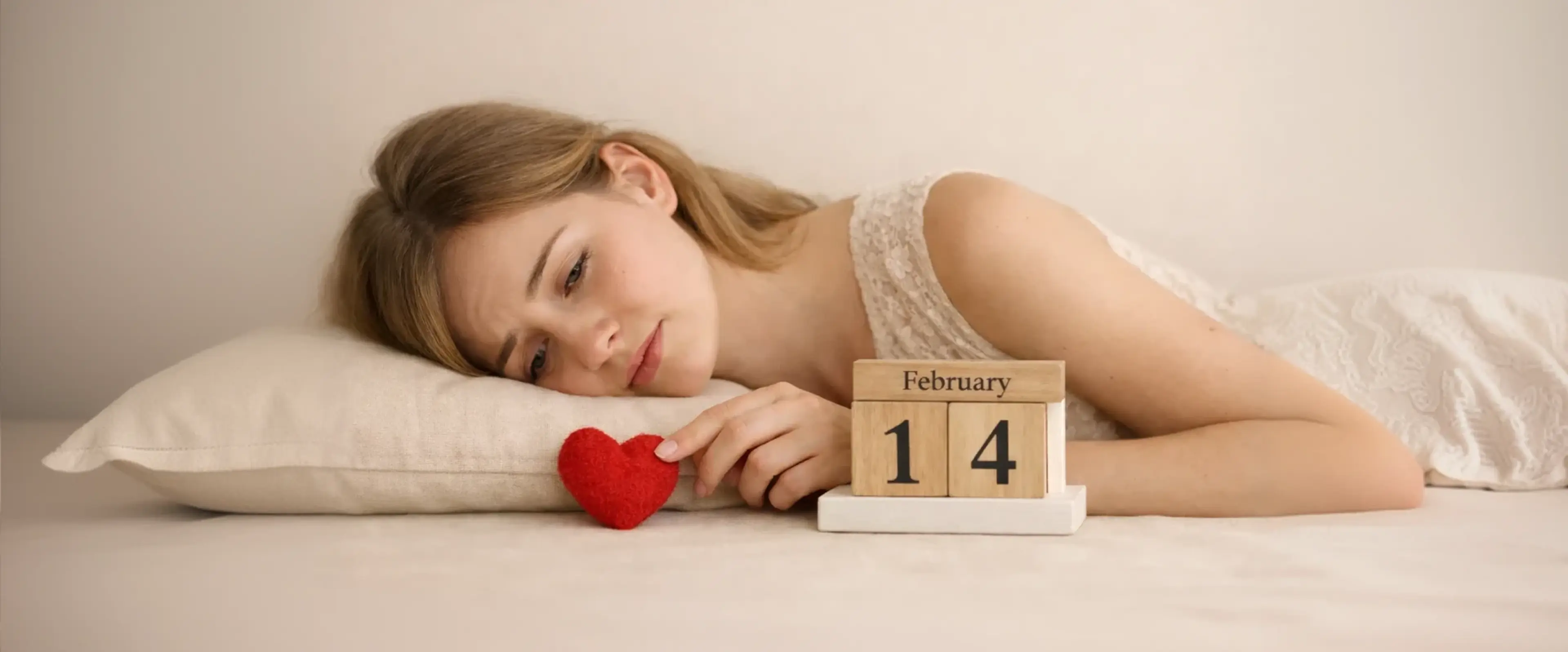 A woman lying alone on a bed holding a small red heart next to a February 14 calendar, reflecting a solo Valentine’s Day mood