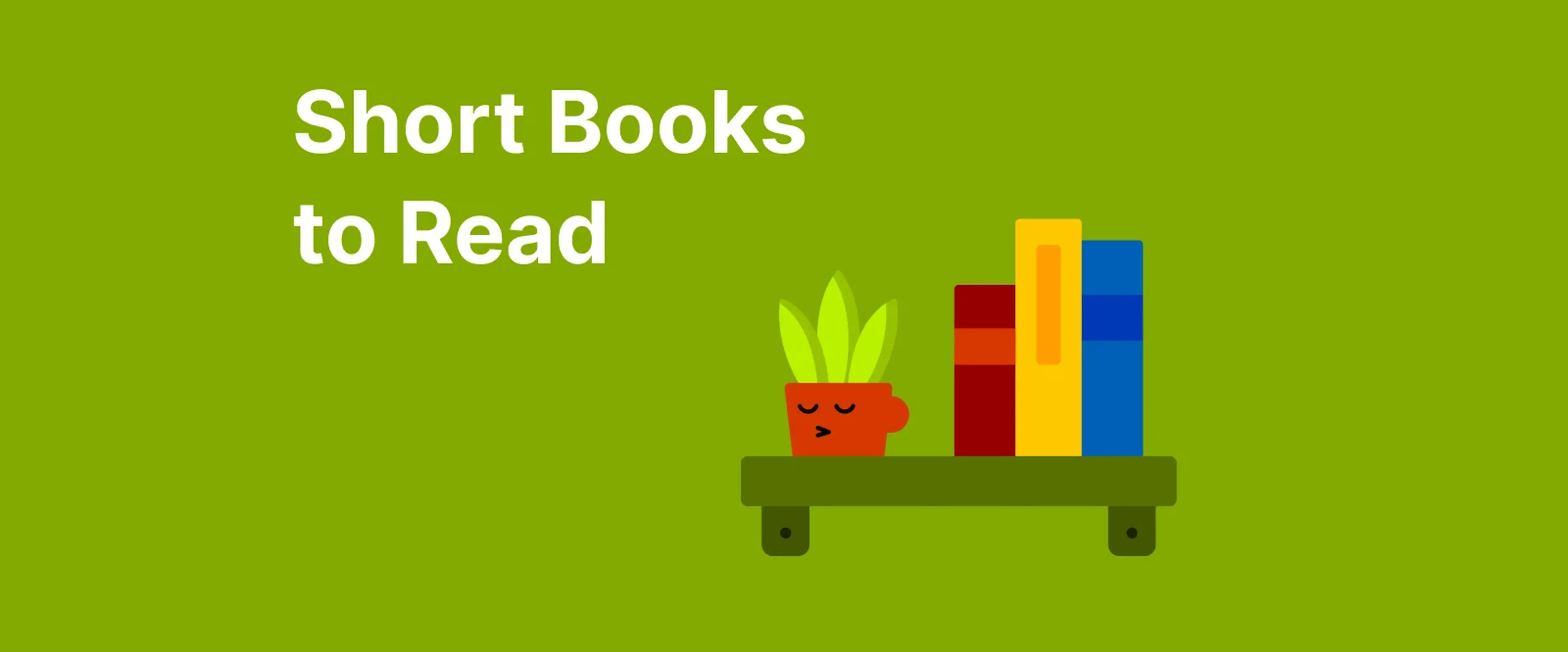 Short books to read title with illustrated bookshelf featuring colorful books and red coffee cup on green background