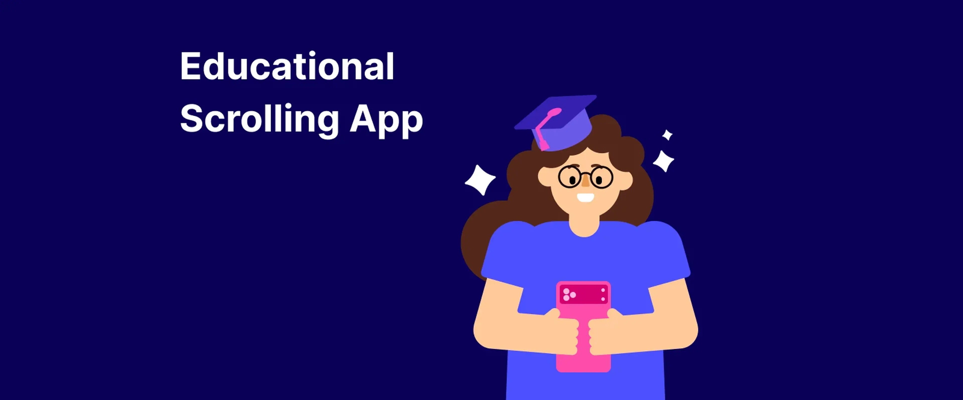 Illustrated woman with graduation cap holding smartphone for educational scrolling app on dark blue background