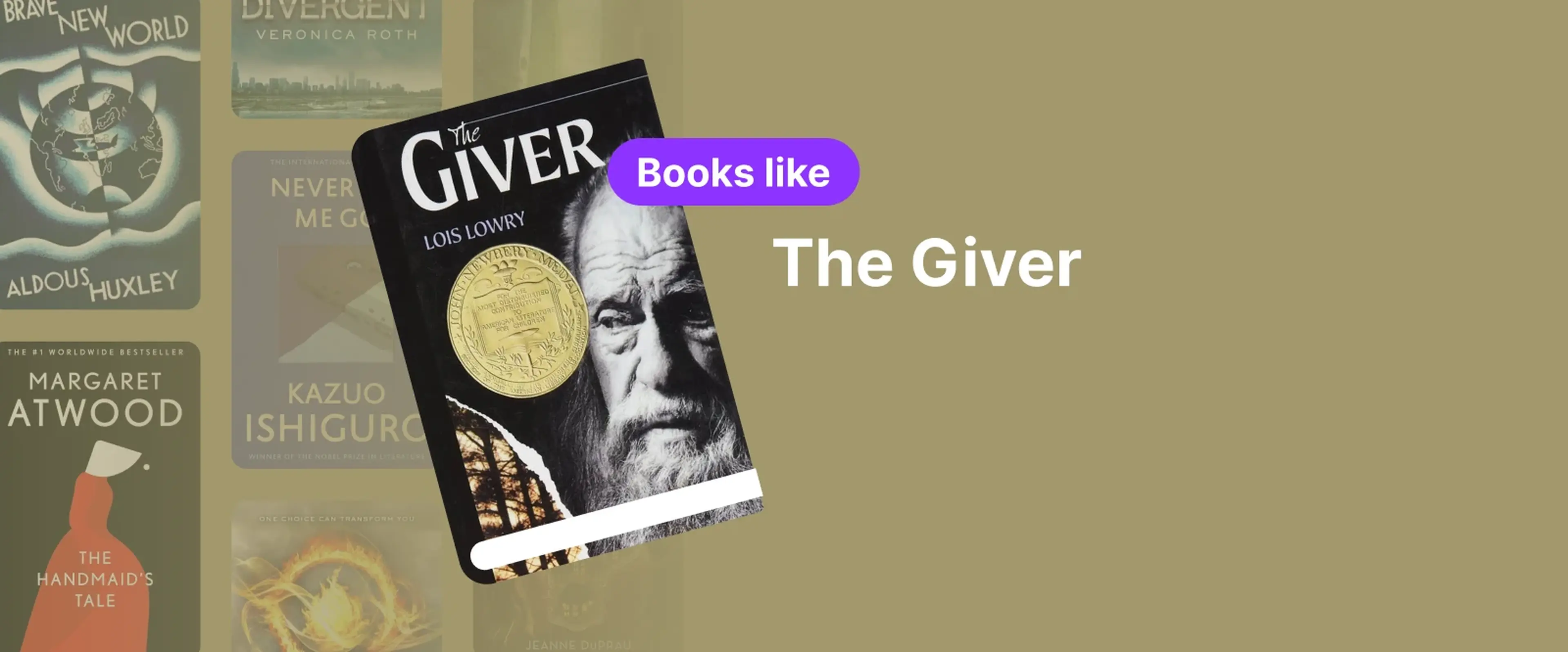 Book cover of The Giver by Lois Lowry with a thoughtful image of an elderly man and a gold medal