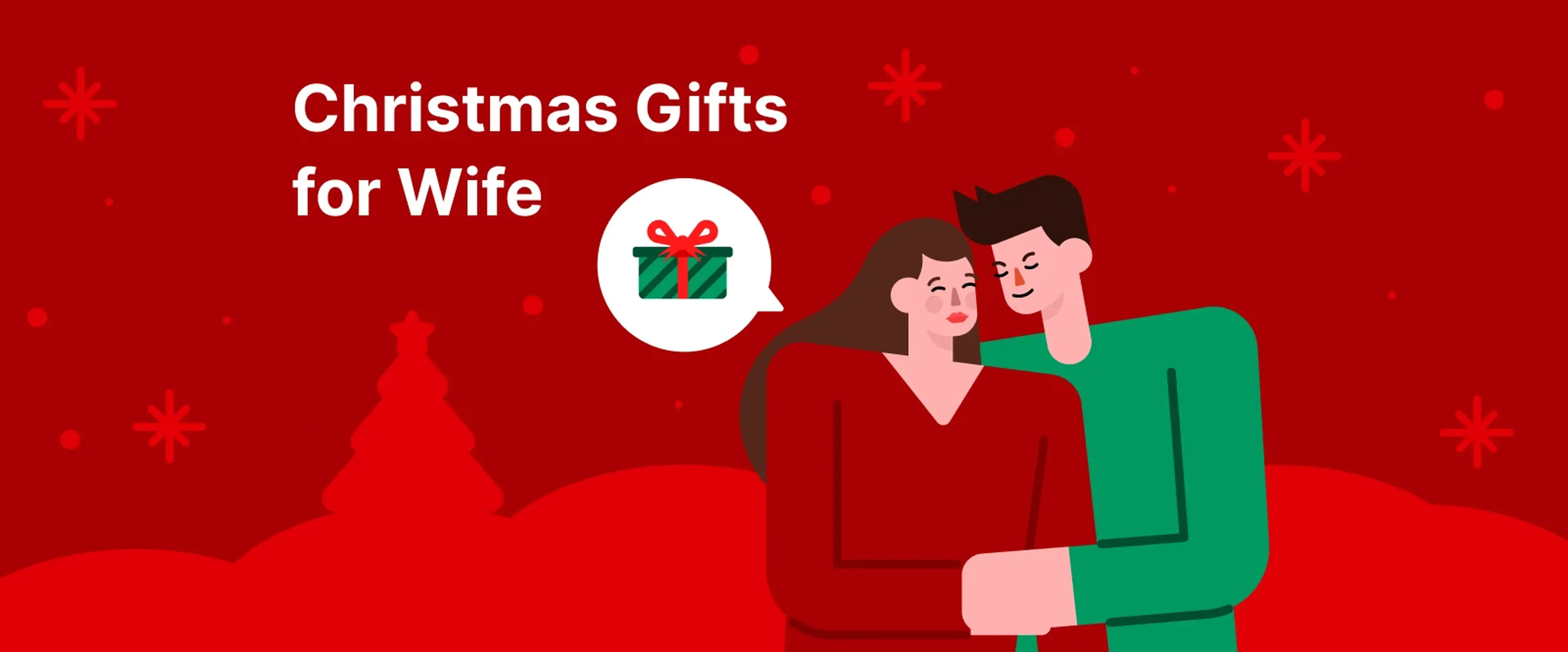 Couple embracing in red and green clothing, Christmas gifts for wife against red festive background