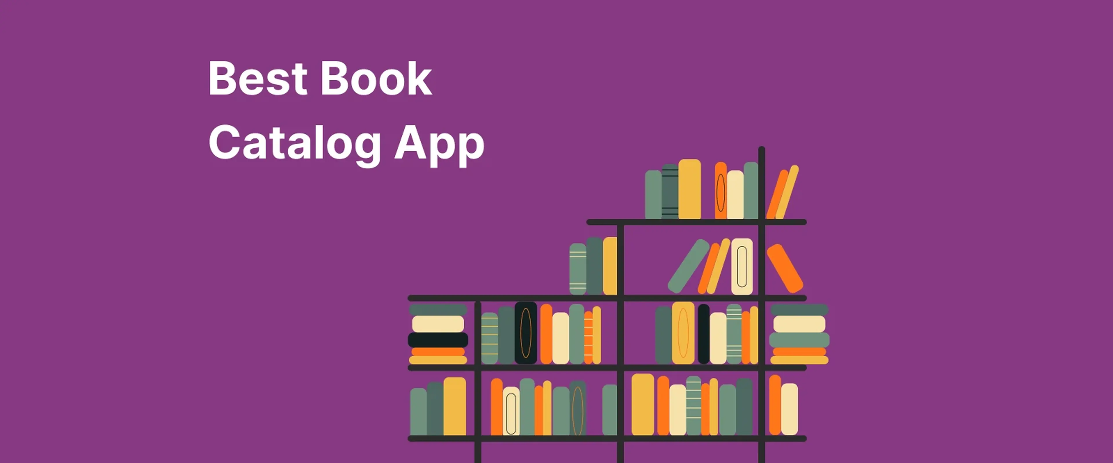 Illustrated bookshelf filled with colorful books on a purple background, with a female author avatar in a blue location pin icon, promoting the best book catalog app for book lovers