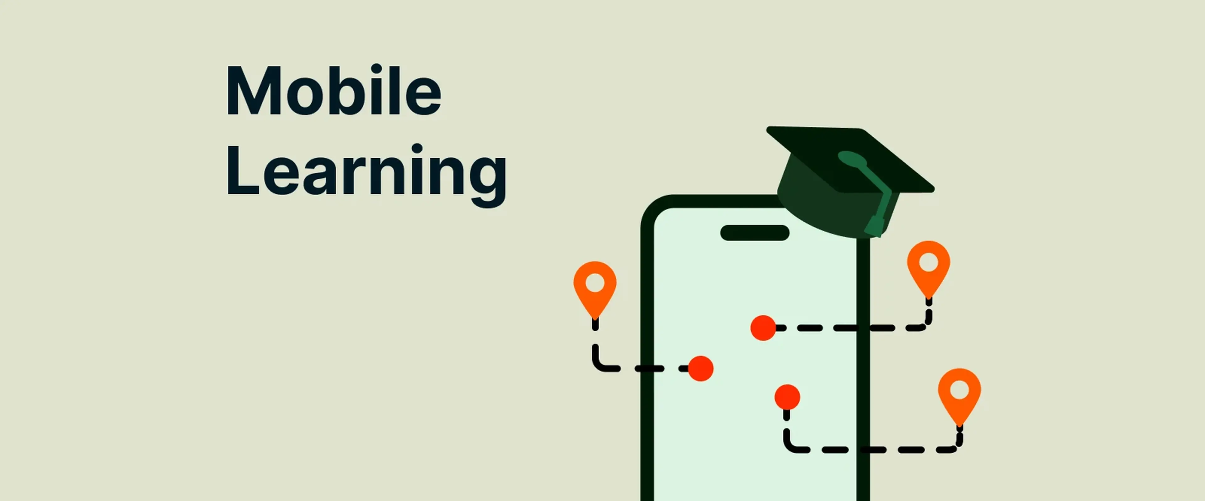 An iphone with graduation hat and dashed lines behind with the location marks at the ends representing mobile learning