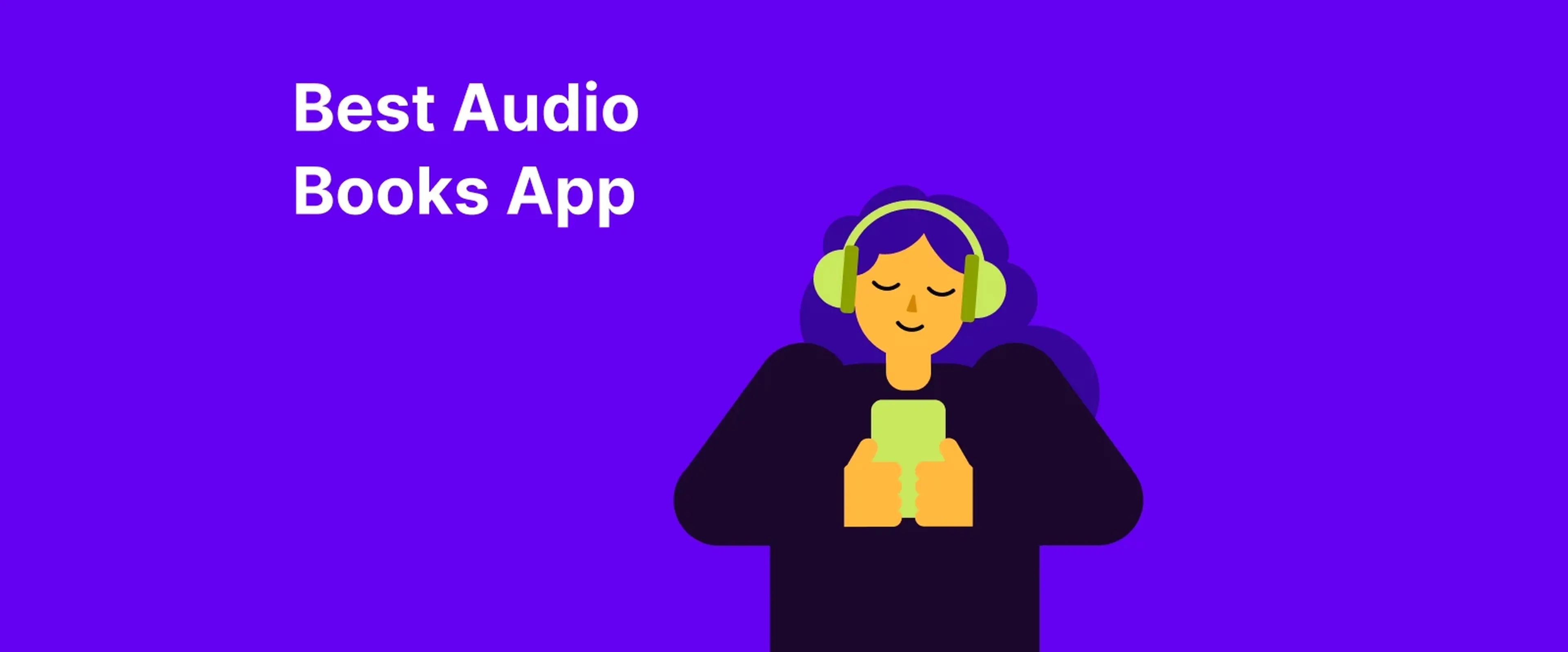 Person wearing lime green headphones enjoying audiobooks on phone against vibrant purple background