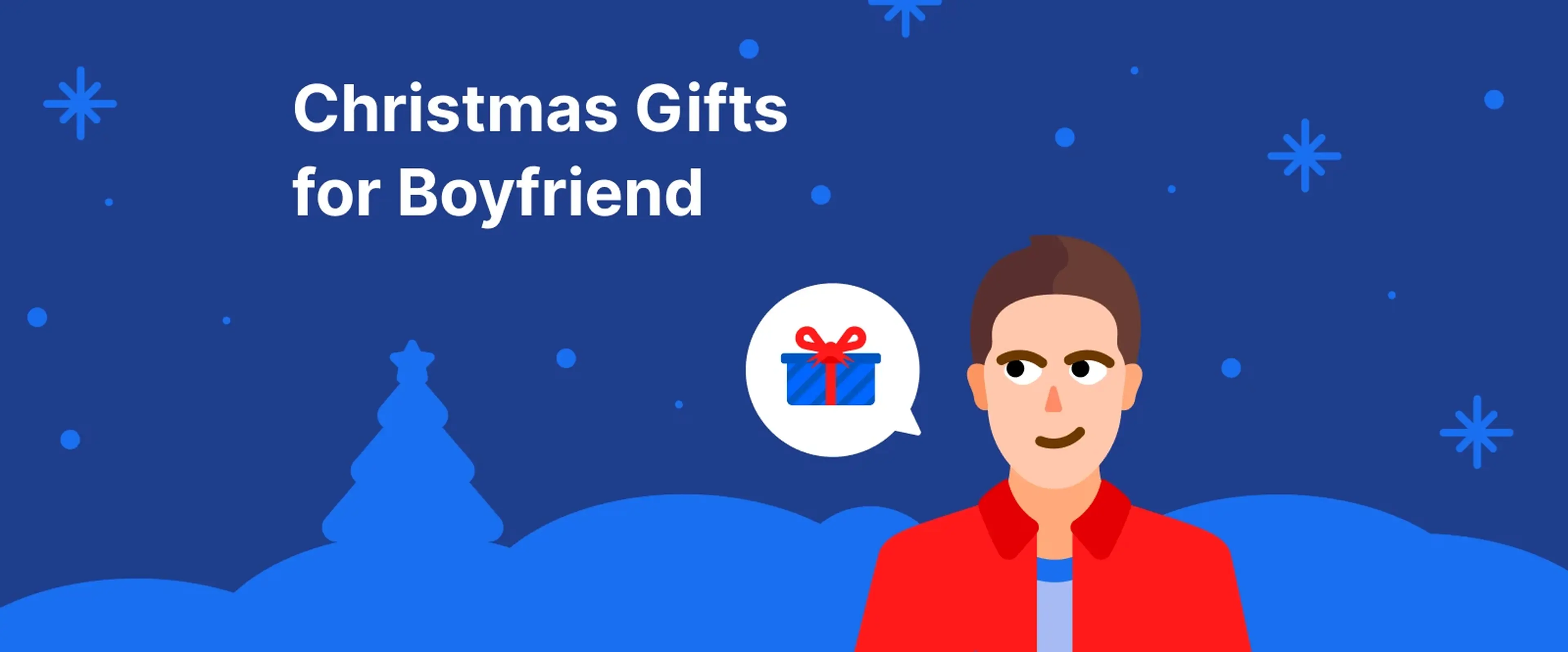 Man in red jacket smiling, Christmas gifts for boyfriend against blue snowy background with pine trees