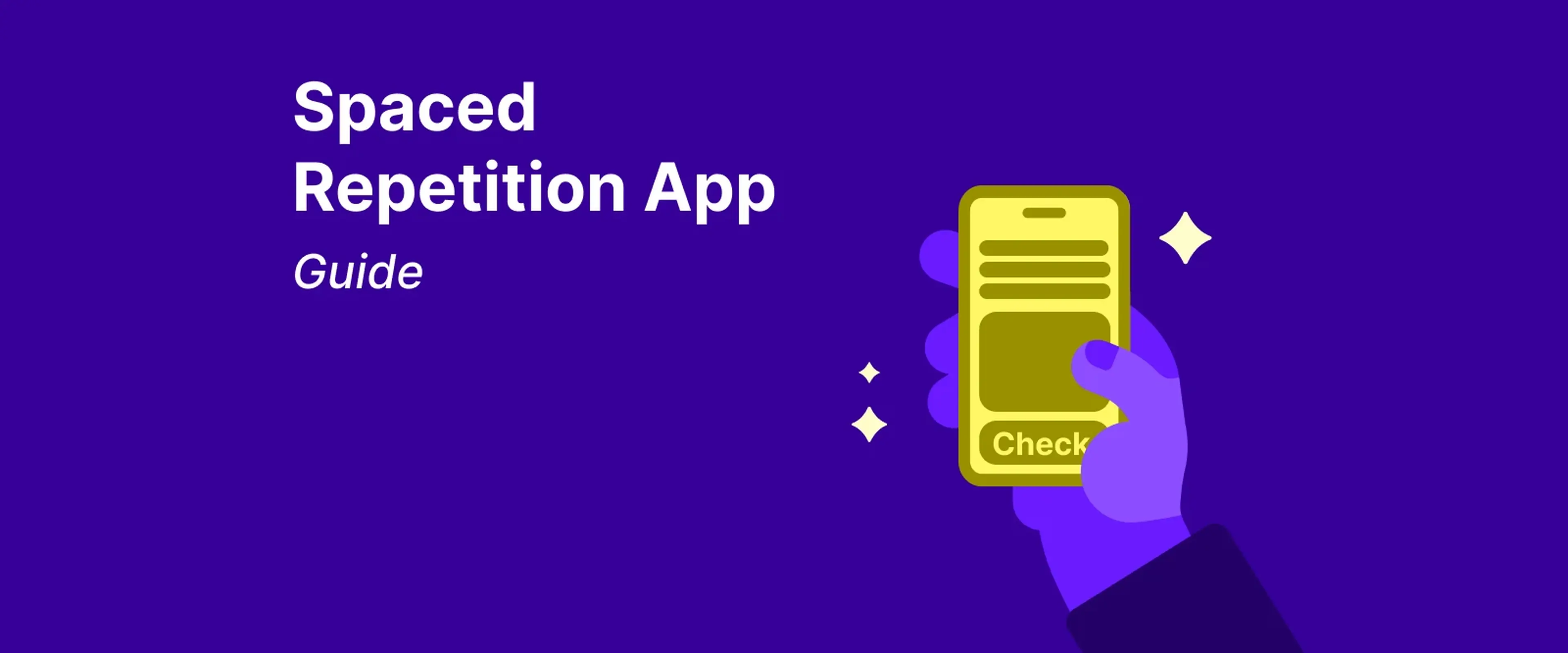 Hand holding yellow phone displaying spaced repetition app interface on vibrant purple background with white sparkles