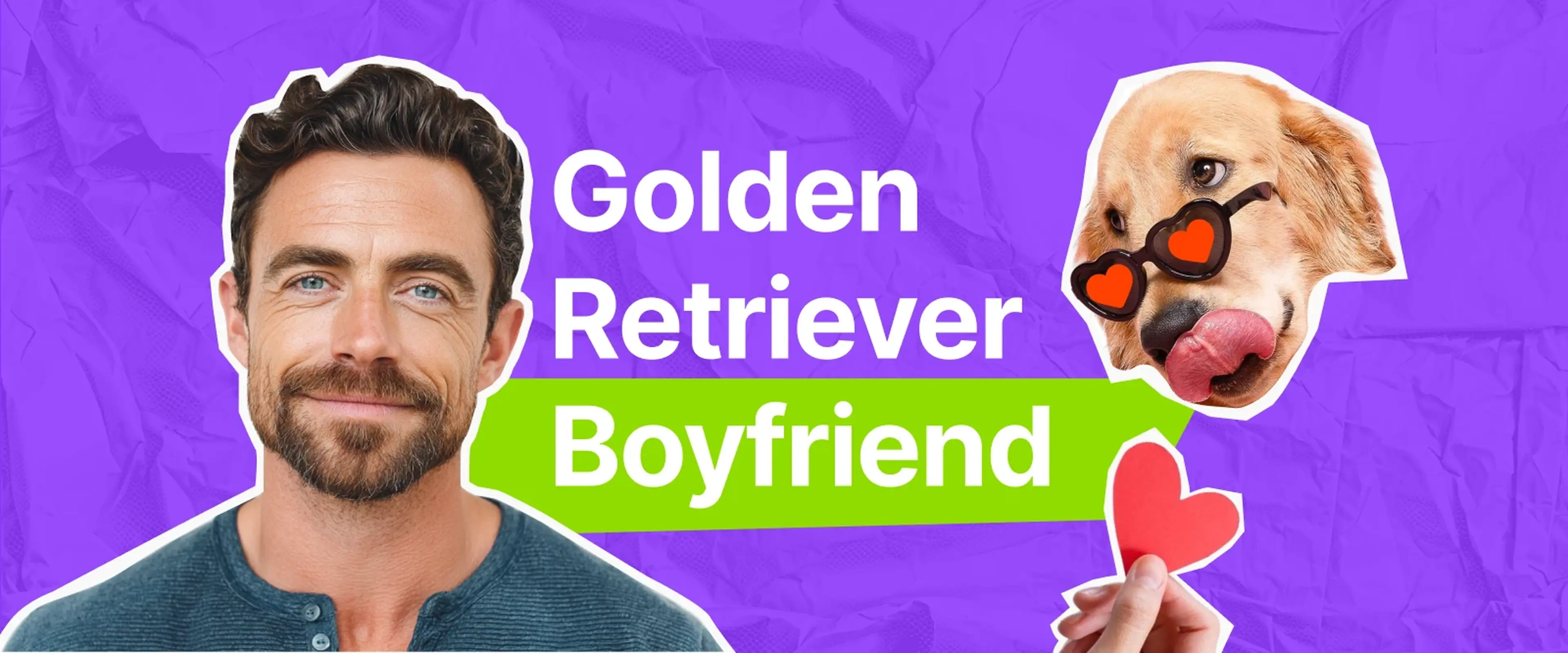 Golden Retriever Boyfriend - Smiling man next to a golden retriever dog wearing heart-shaped sunglasses