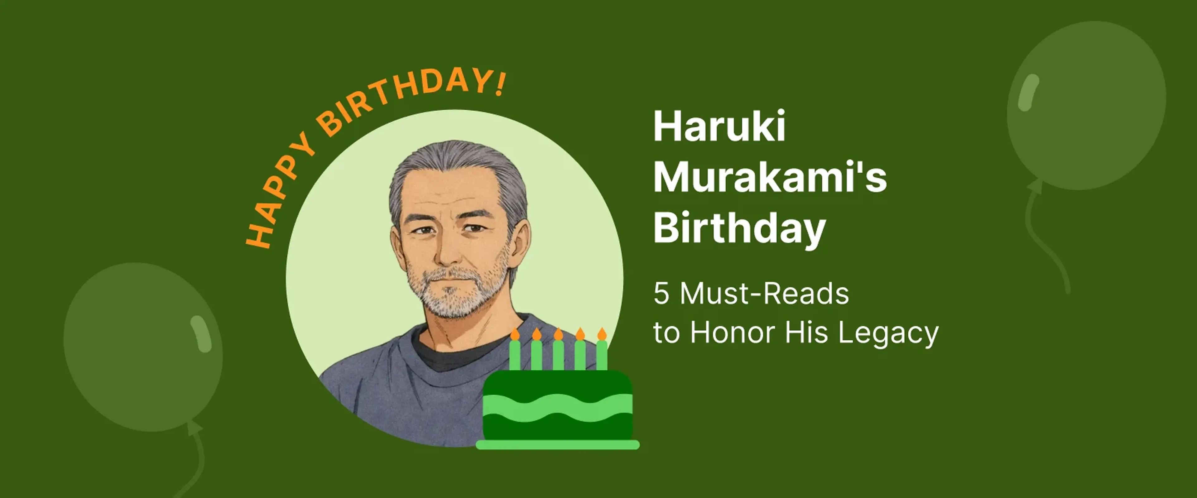 Haruki Murakami birthday celebration graphic with illustrated portrait, green cake with candles, and balloon decorations on dark green background