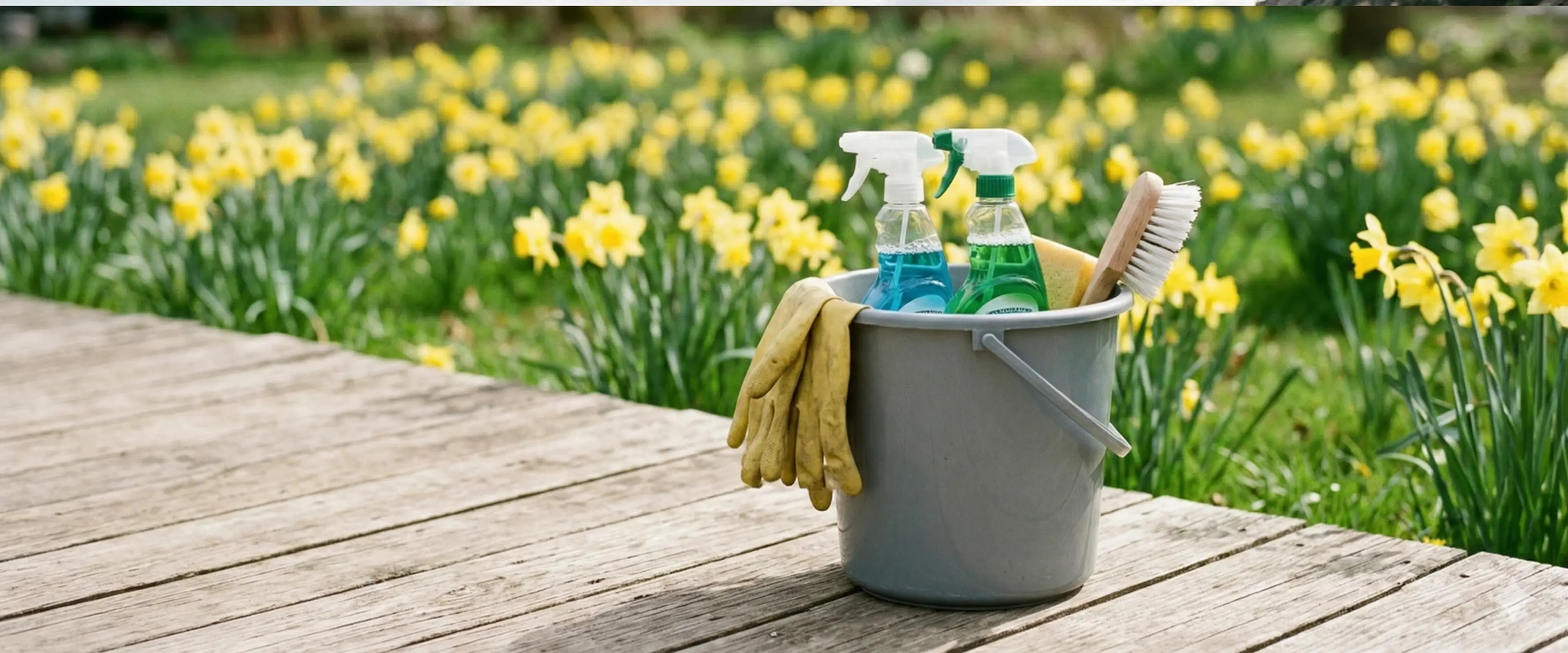 Metal bucket filled with green and blue cleaning supplies, yellow rubber gloves on wooden deck with spring daffodils in background