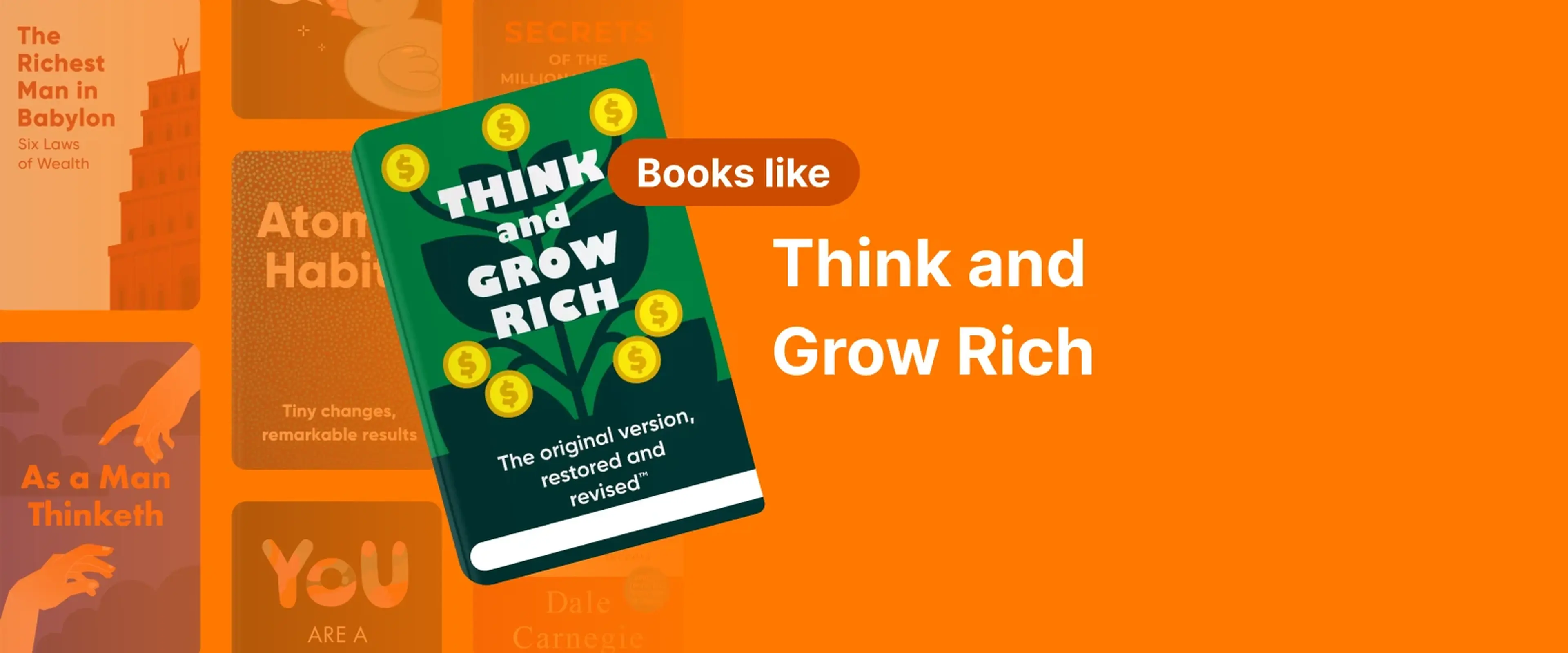 Book cover of Think and Grow Rich by Napoleon Hill, featuring a tree with dollar signs growing from it, symbolizing financial success 1x