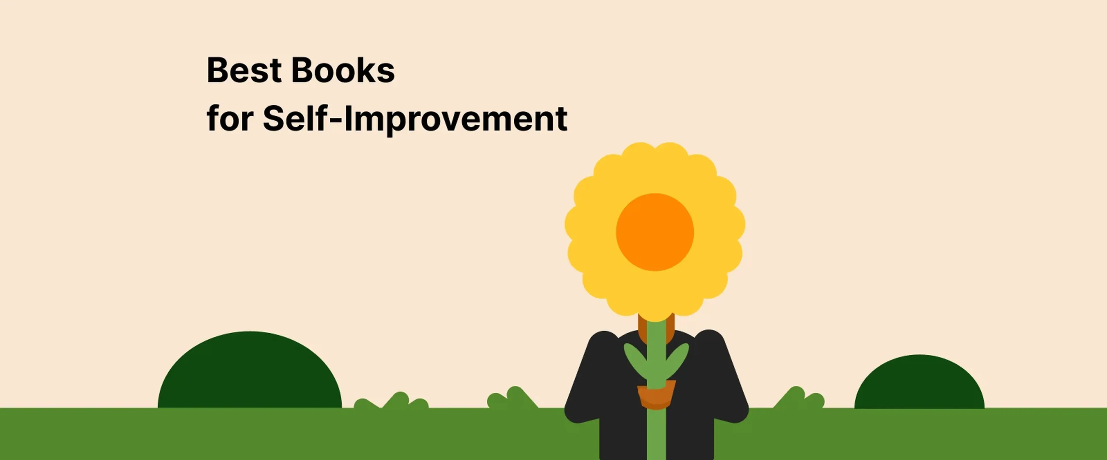 Person in a black suit holding a large yellow flower with a profile photo in the center on a beige background, symbolizing self-improvement and personal development growth