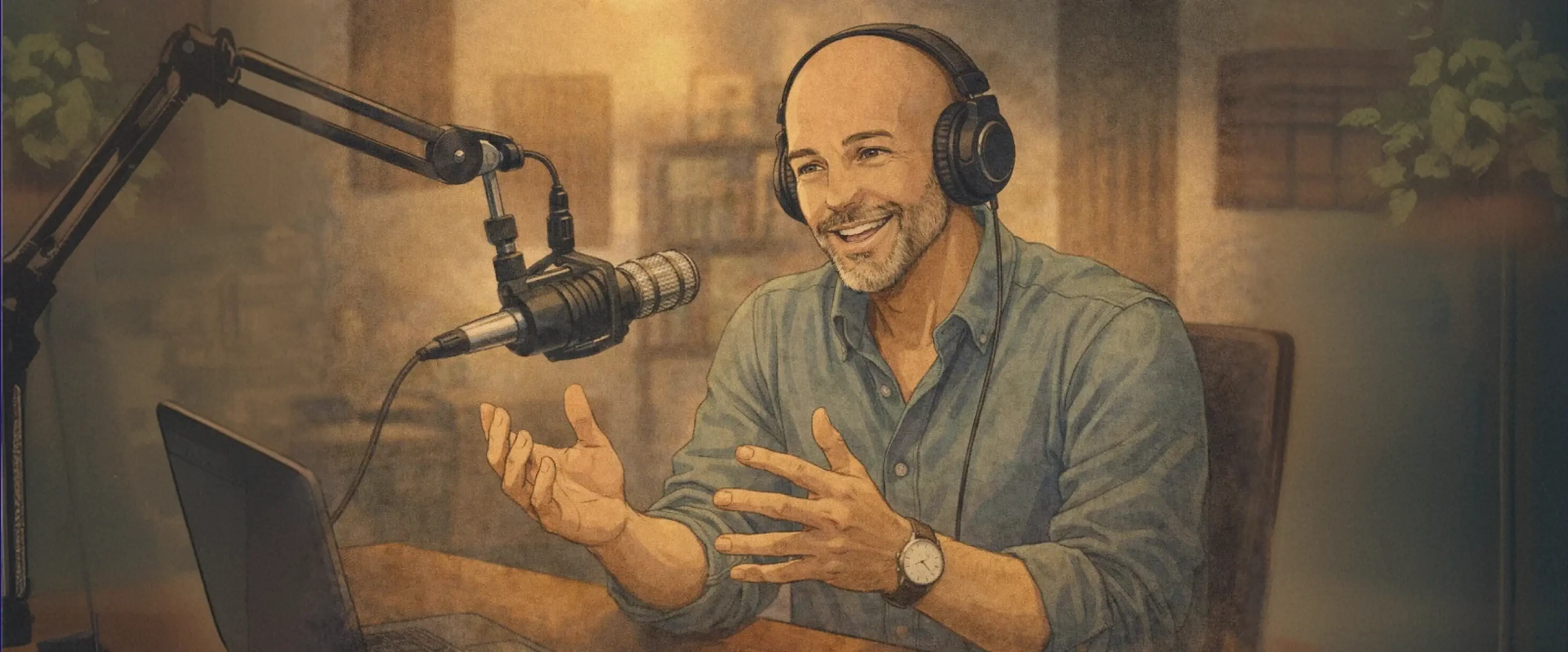 James Clear's birthday themed illustration showing him in a podcast studio wearing headphones and gray shirt, gesturing at desk with microphone and laptop against warm golden background