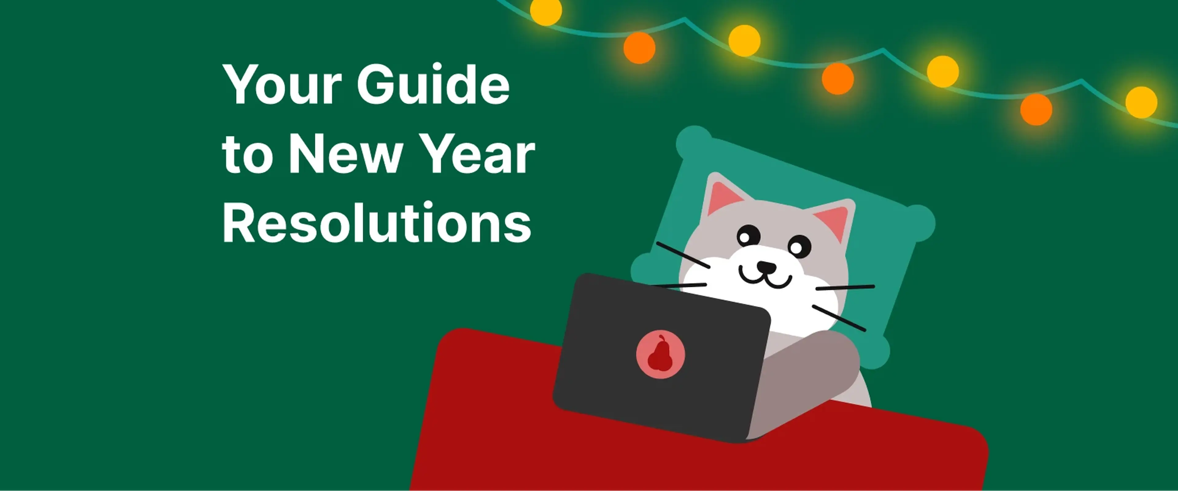 Illustrated cat using laptop on red cushion for new year's resolutions guide with colorful string lights on teal background
