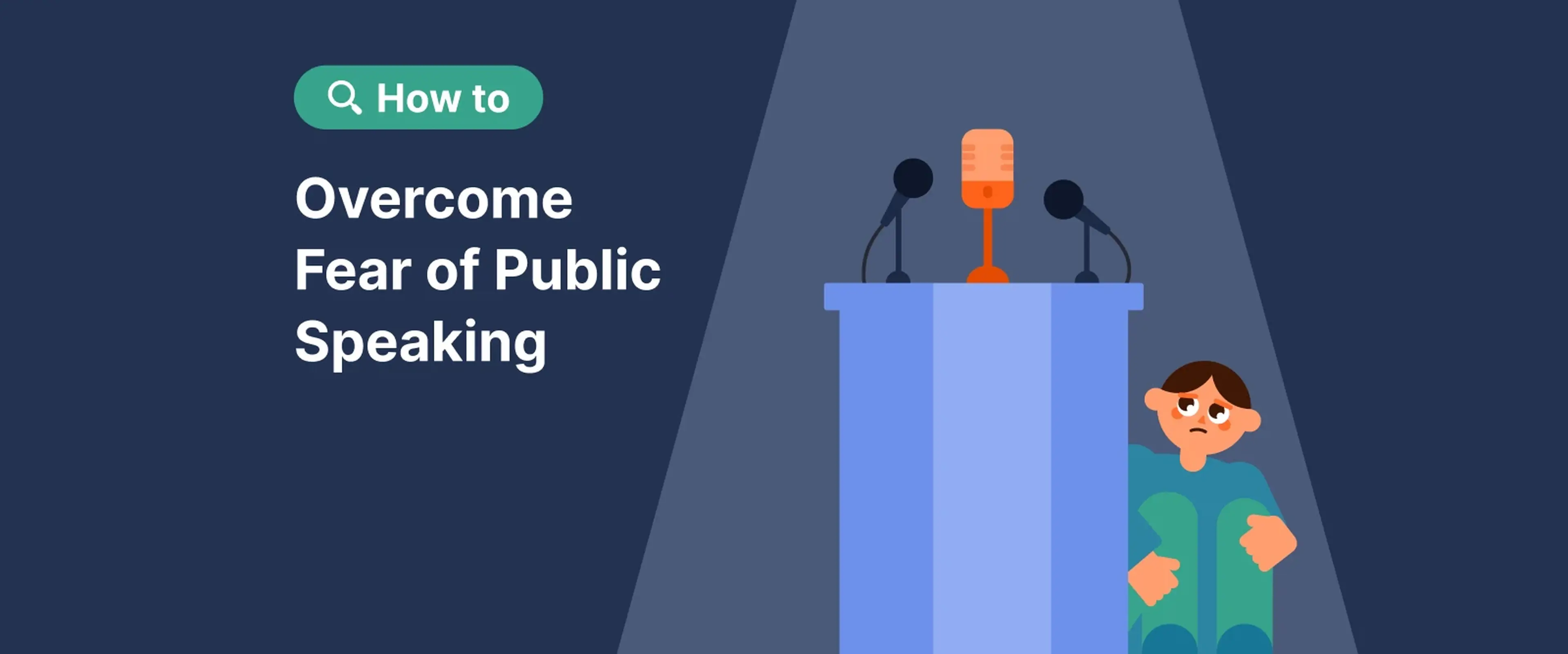 Cartoon man experiencing fear of public speaking while standing at podium with microphones on dark blue background