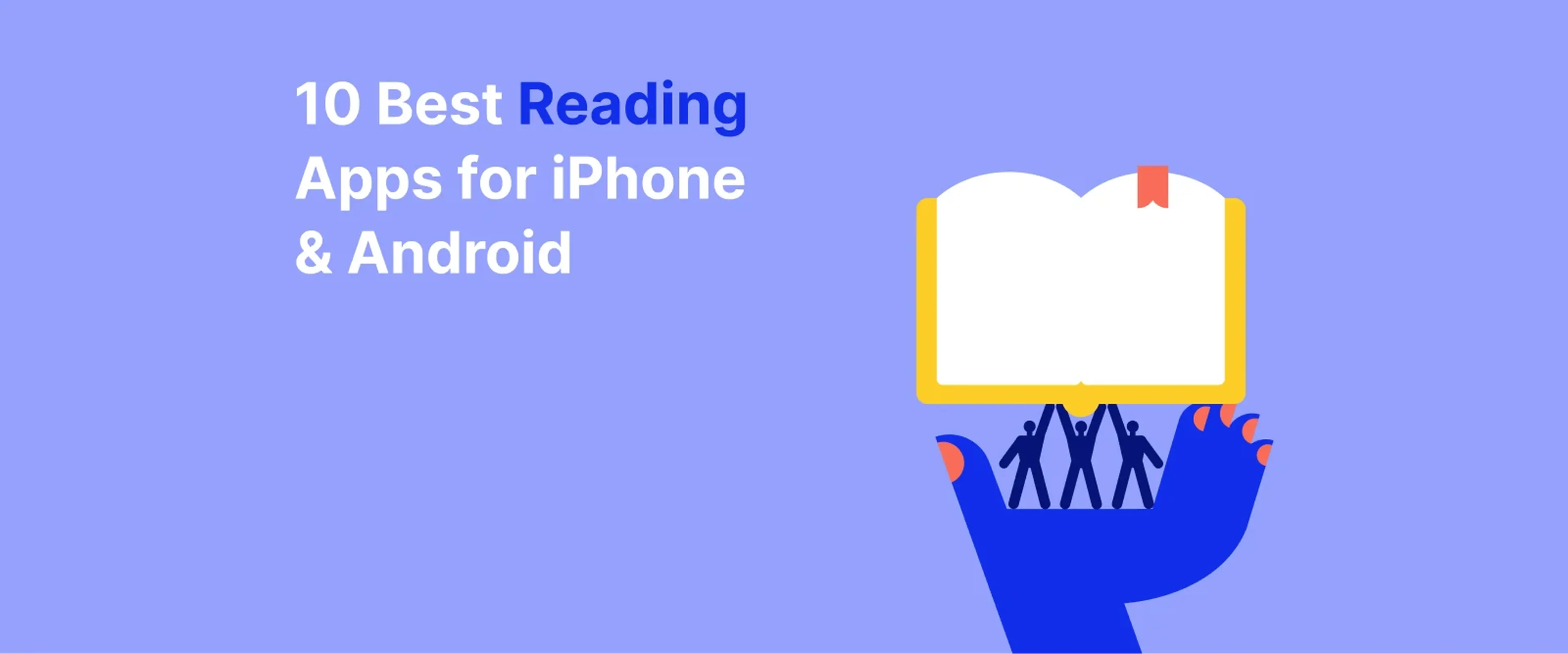 Open book illustration held by a blue hand on a purple background with decorative lines, promoting Best Reading Apps for iPhone and Android