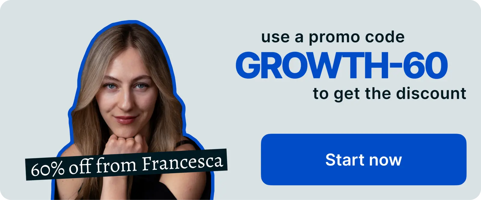 Portrait of Francesca Tighinean with text offering a 60% discount and promo code growth60, connected to healing and childhood trauma insights