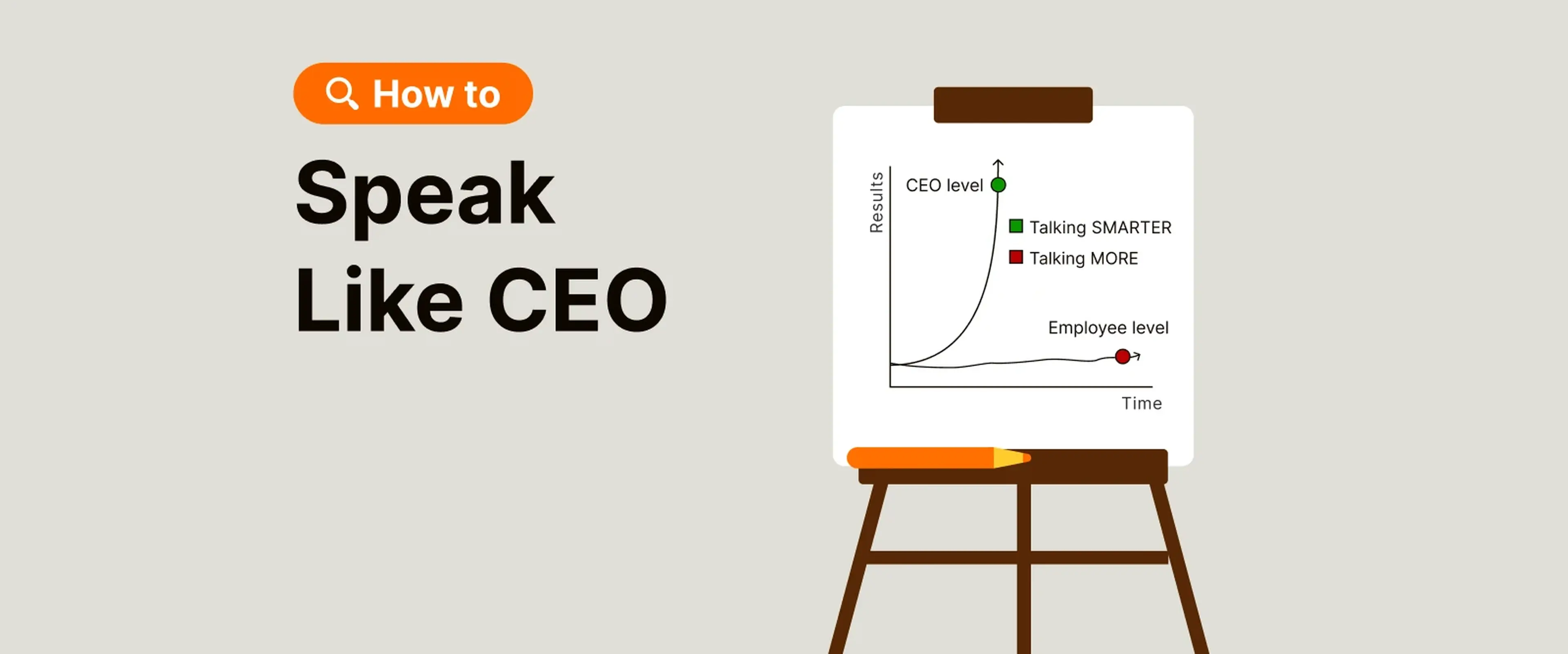 Illustration of a speaker holding a microphone next to a chart showing a growth trend, with the text 'How to Speak Like CEO' above