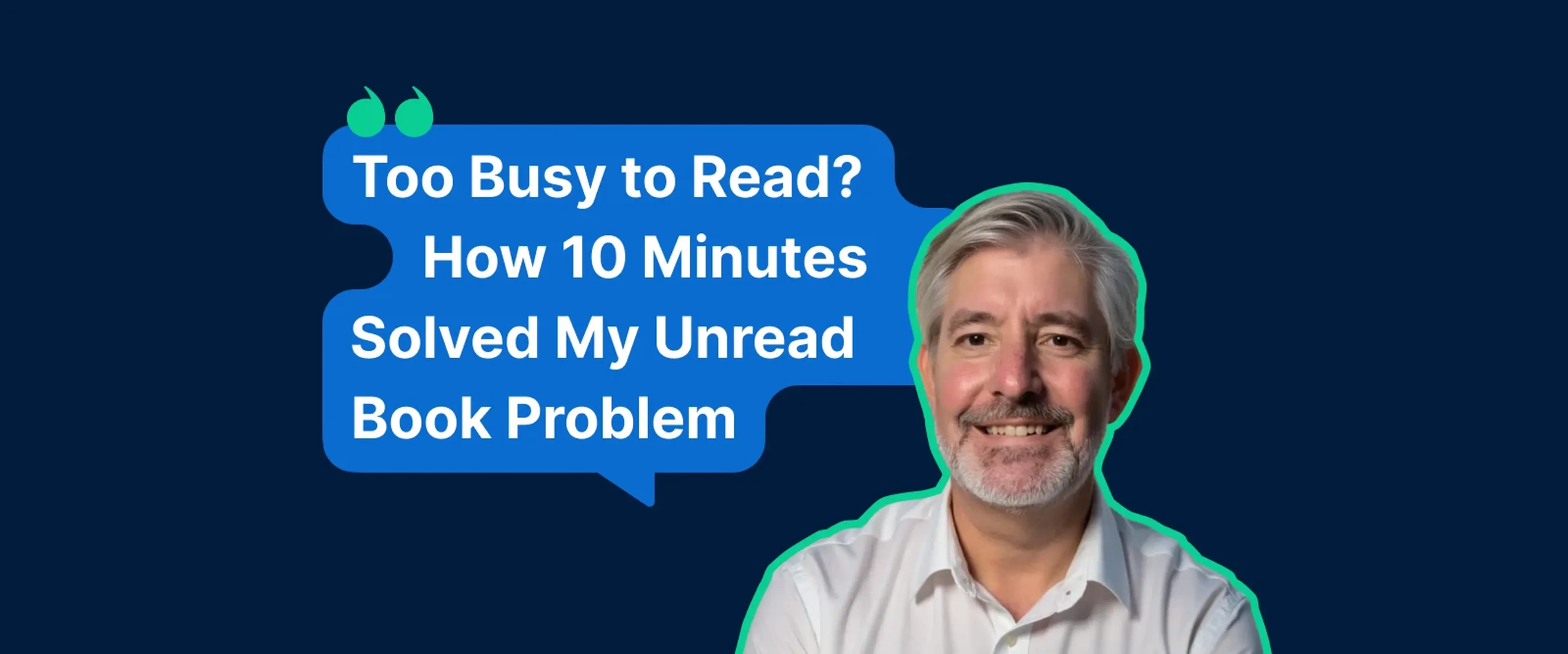 Michael Cupps presenting Headway app benefits on dark blue background with speech bubble about solving book reading problems