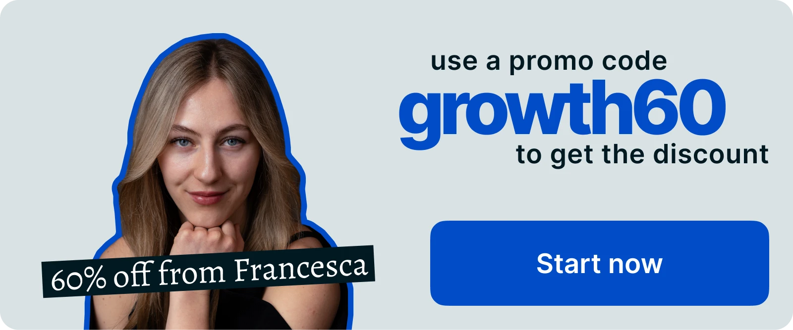 Portrait of Francesca Tighinean with text offering a 60% discount and promo code growth60, connected to healing and childhood trauma insights