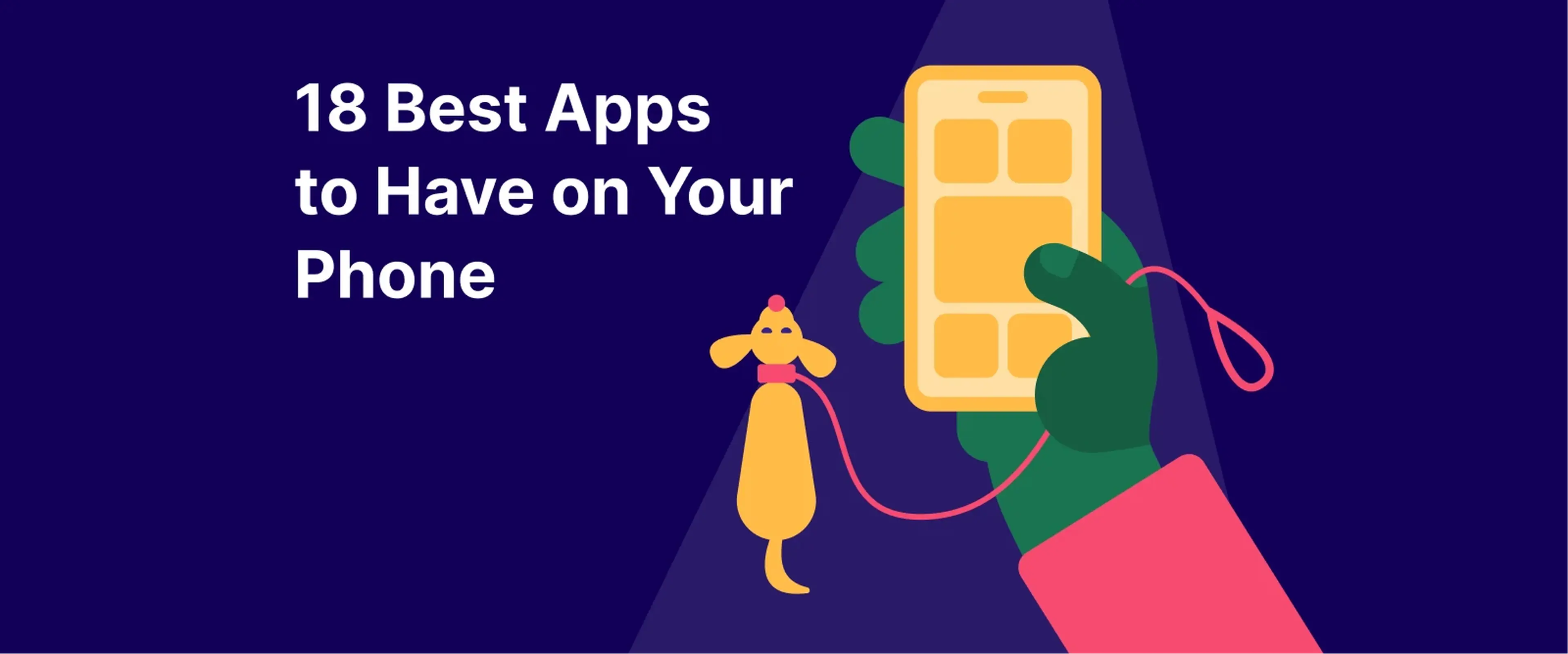 A person walks a dog and holds a smartphone with apps on the hand