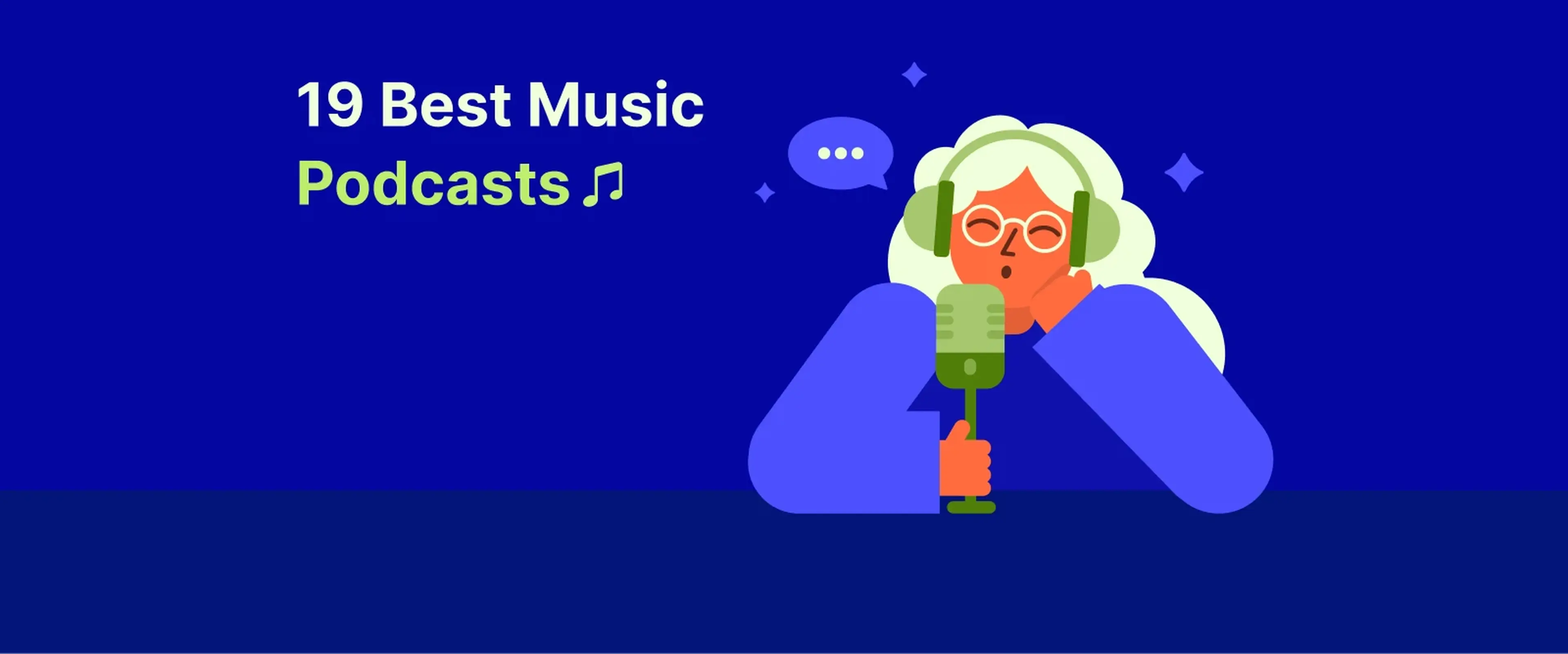 Illustration of a person with headphones and microphone on a dark blue background and music note icons