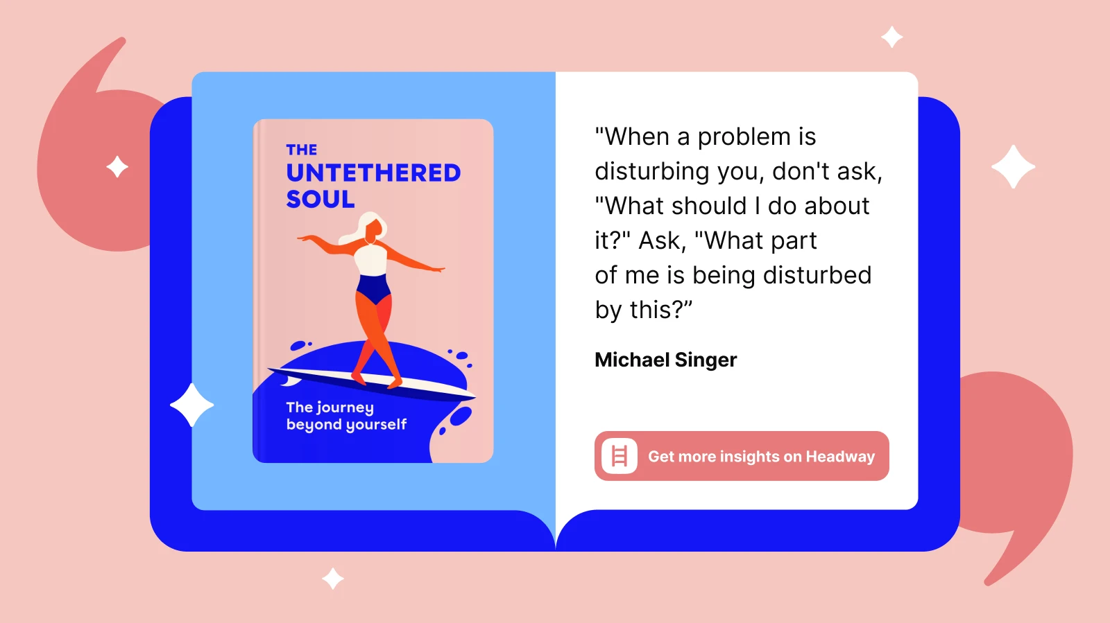 Michael Singer books quote card featuring The Untethered Soul cover and inspirational text on pink background with decorative circles